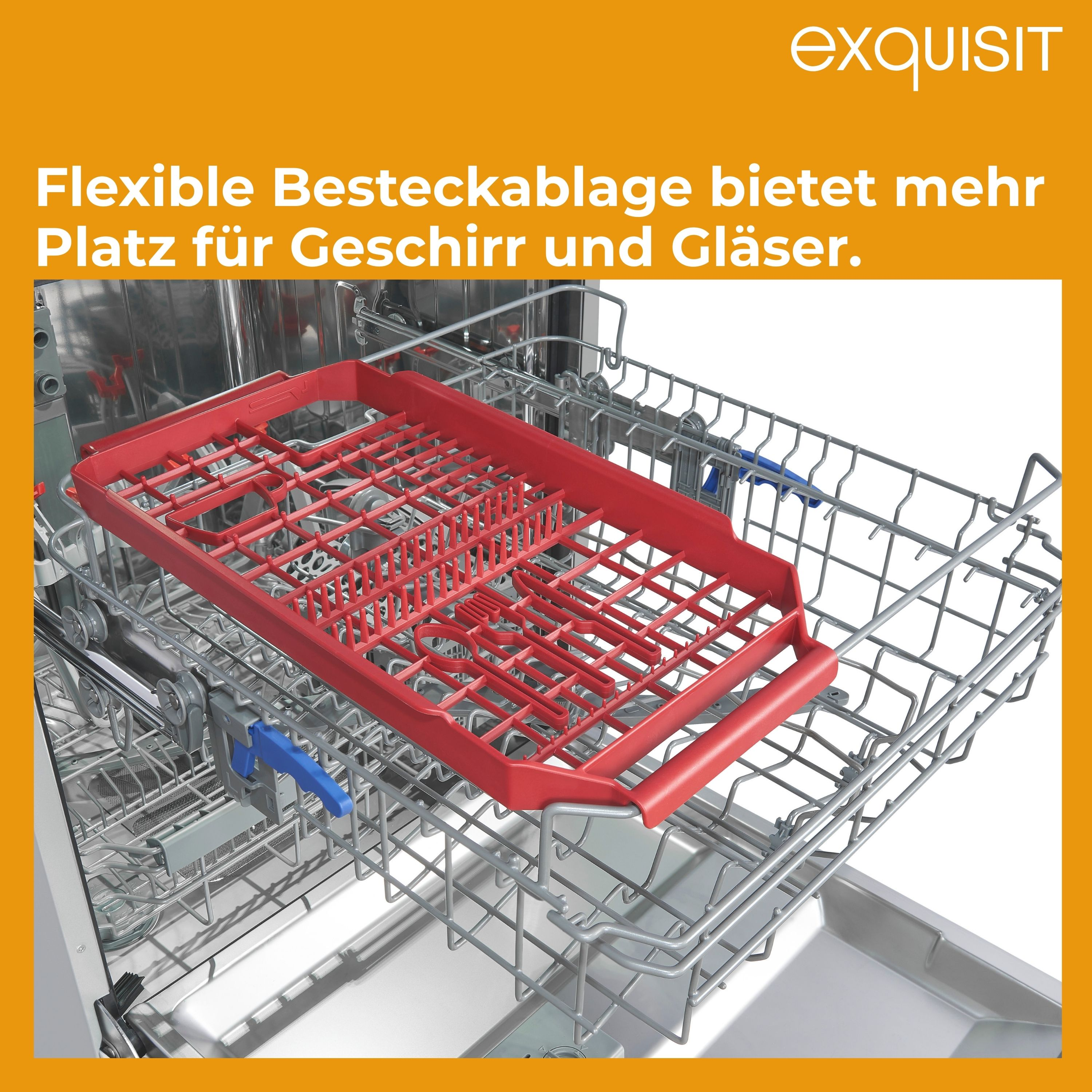 Roter Besteckkorb in einem Geschirrspüler. Der Korb ist für Besteck konzipiert.