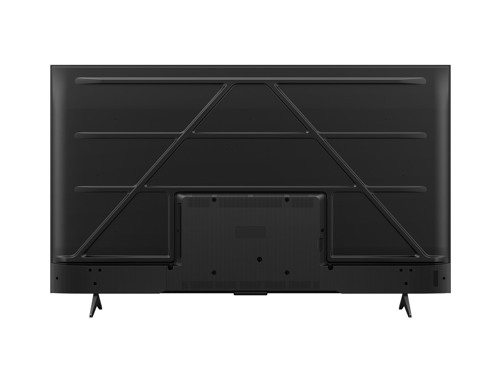 Tył czarnego telewizora z płaskim ekranem z metalową ramą i nóżkami, na białym tle.