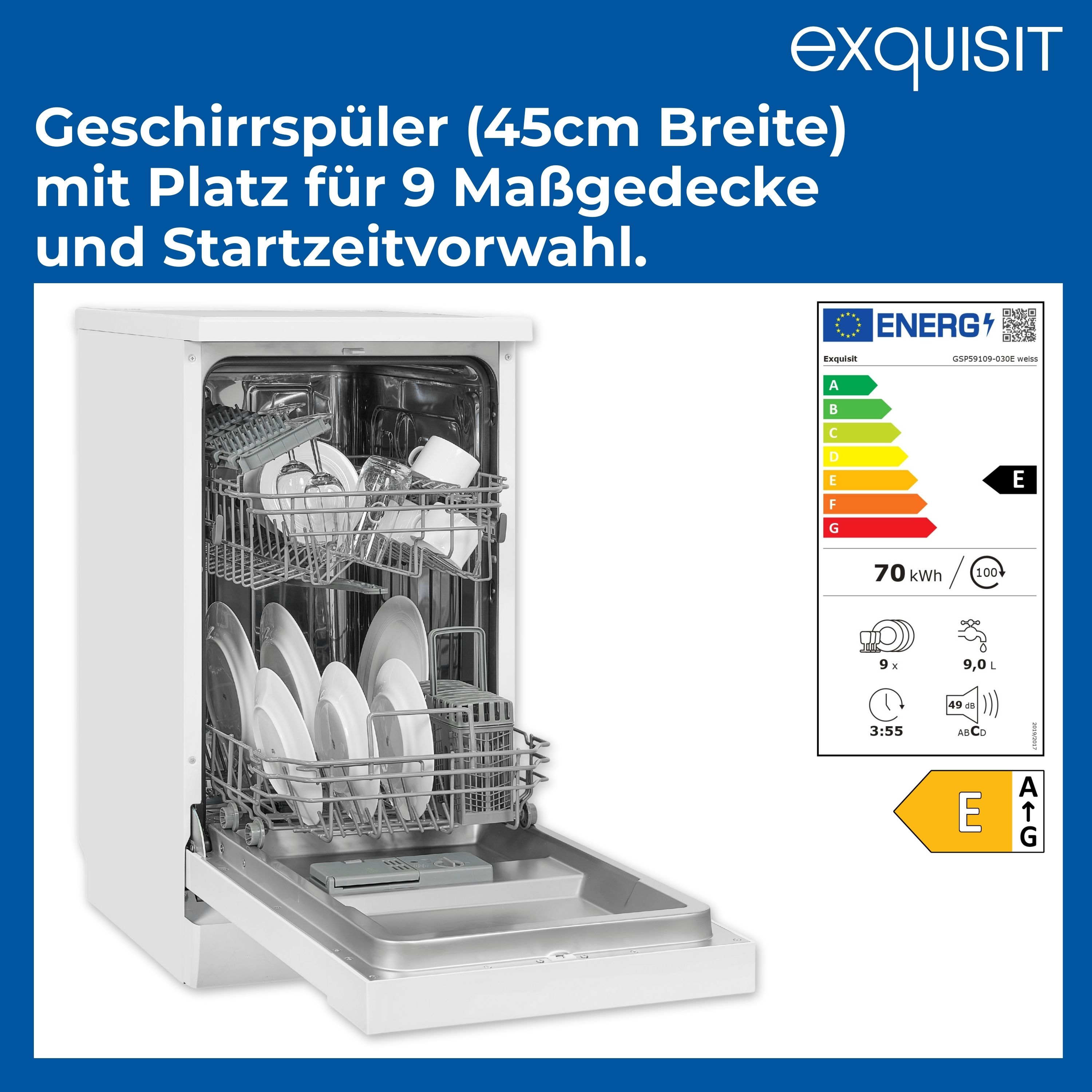 Geschirrspüler mit offener Tür, beladen mit Geschirr, Energieetikett rechts.