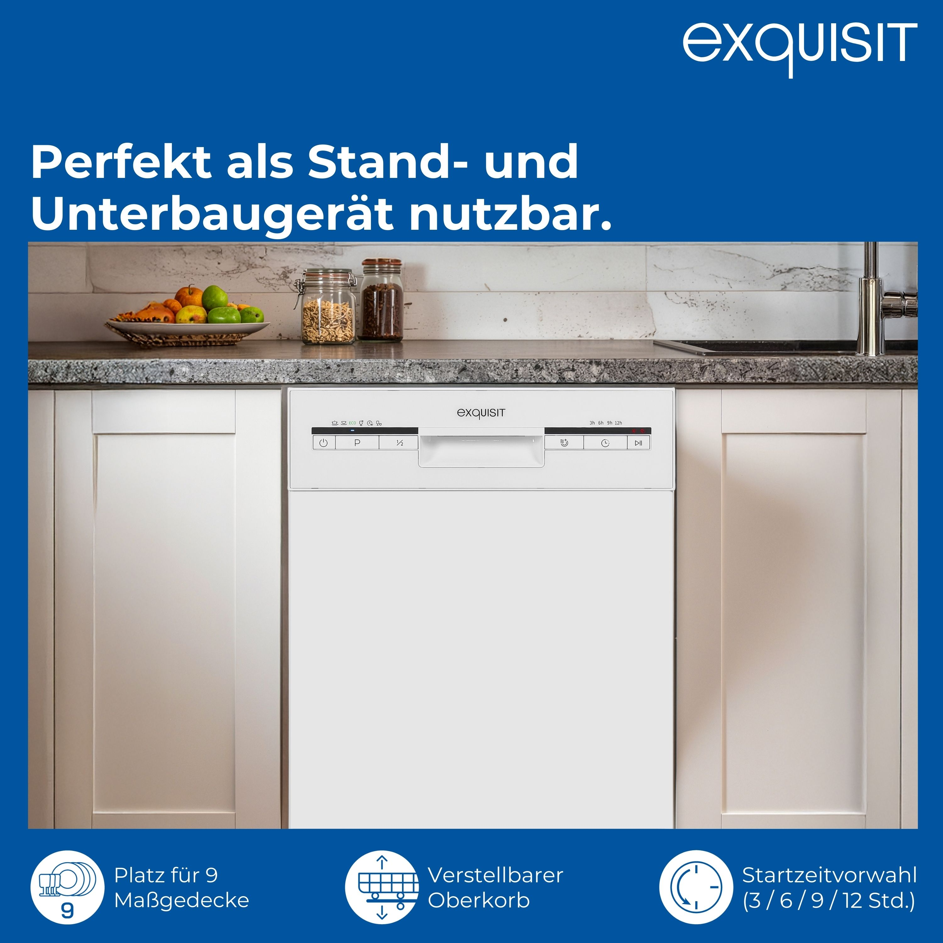 Weißer Geschirrspüler in einer Küche, mit Obst und Gläsern auf der Theke.