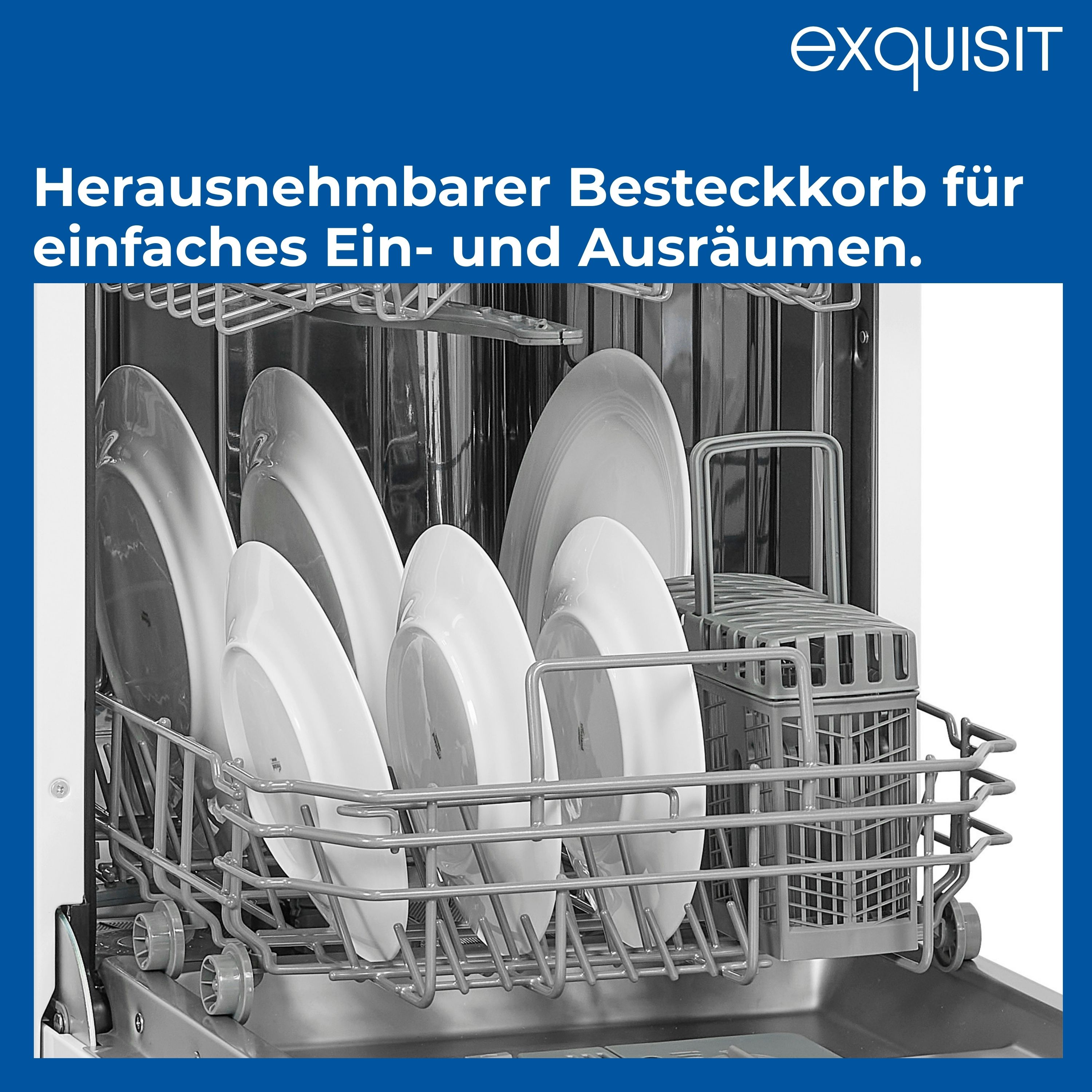 Geschirrspüler-Innenraum mit weißen Tellern im unteren Korb.