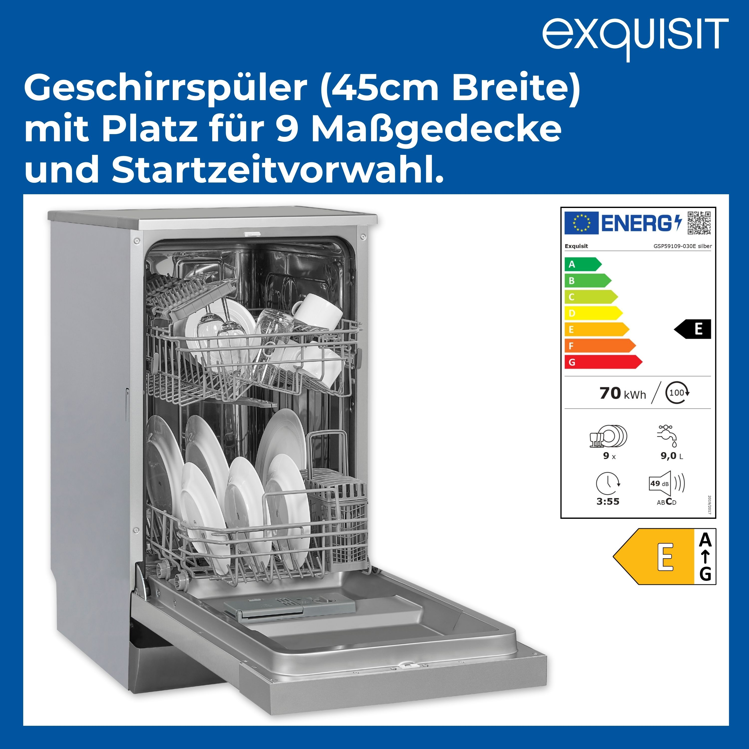 Silberner Geschirrspüler mit offener Tür, beladen mit Geschirr, Energieetikett rechts.