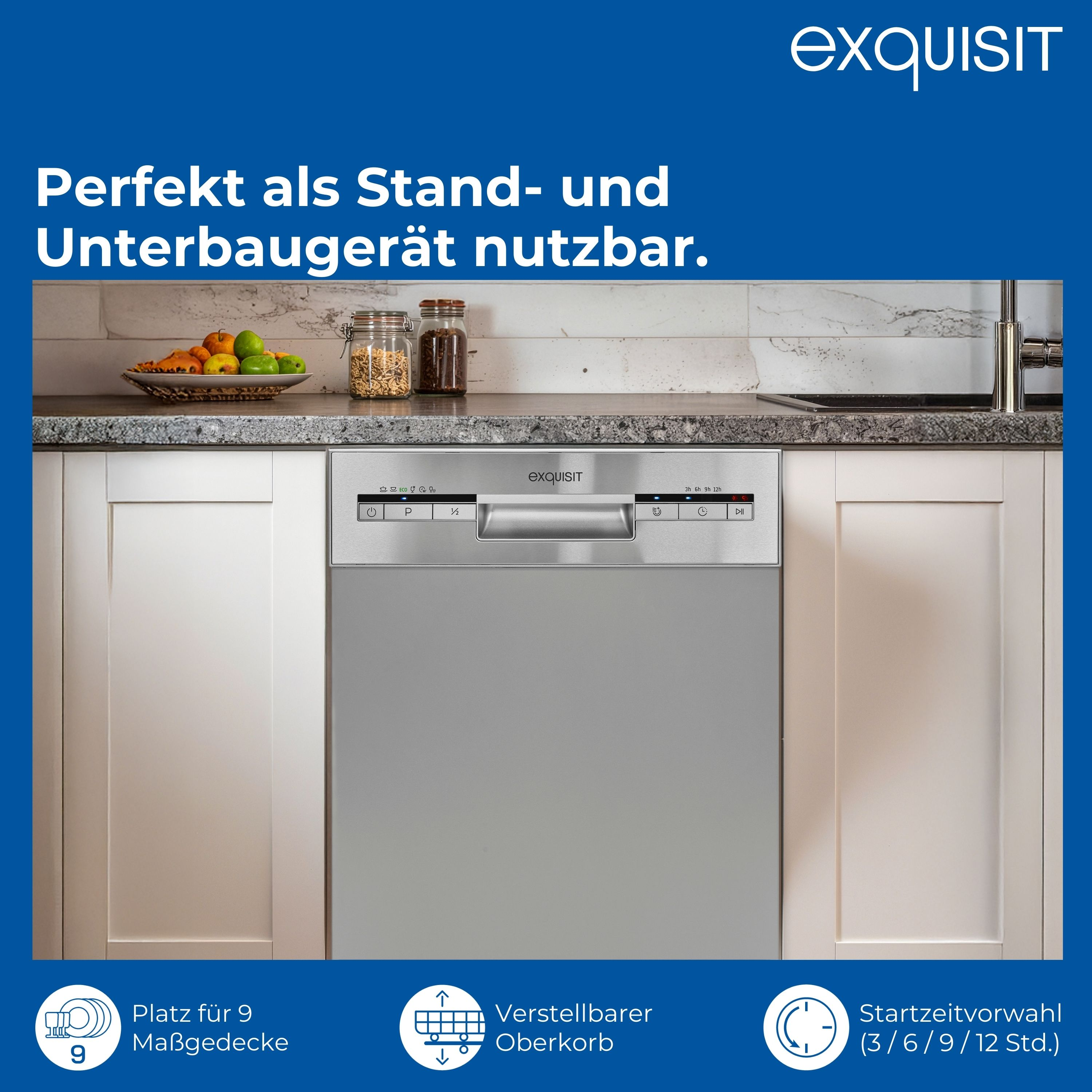Ein silberner Geschirrspüler, der in einen Küchenschrank eingebaut ist. Text über seine Funktionen.
