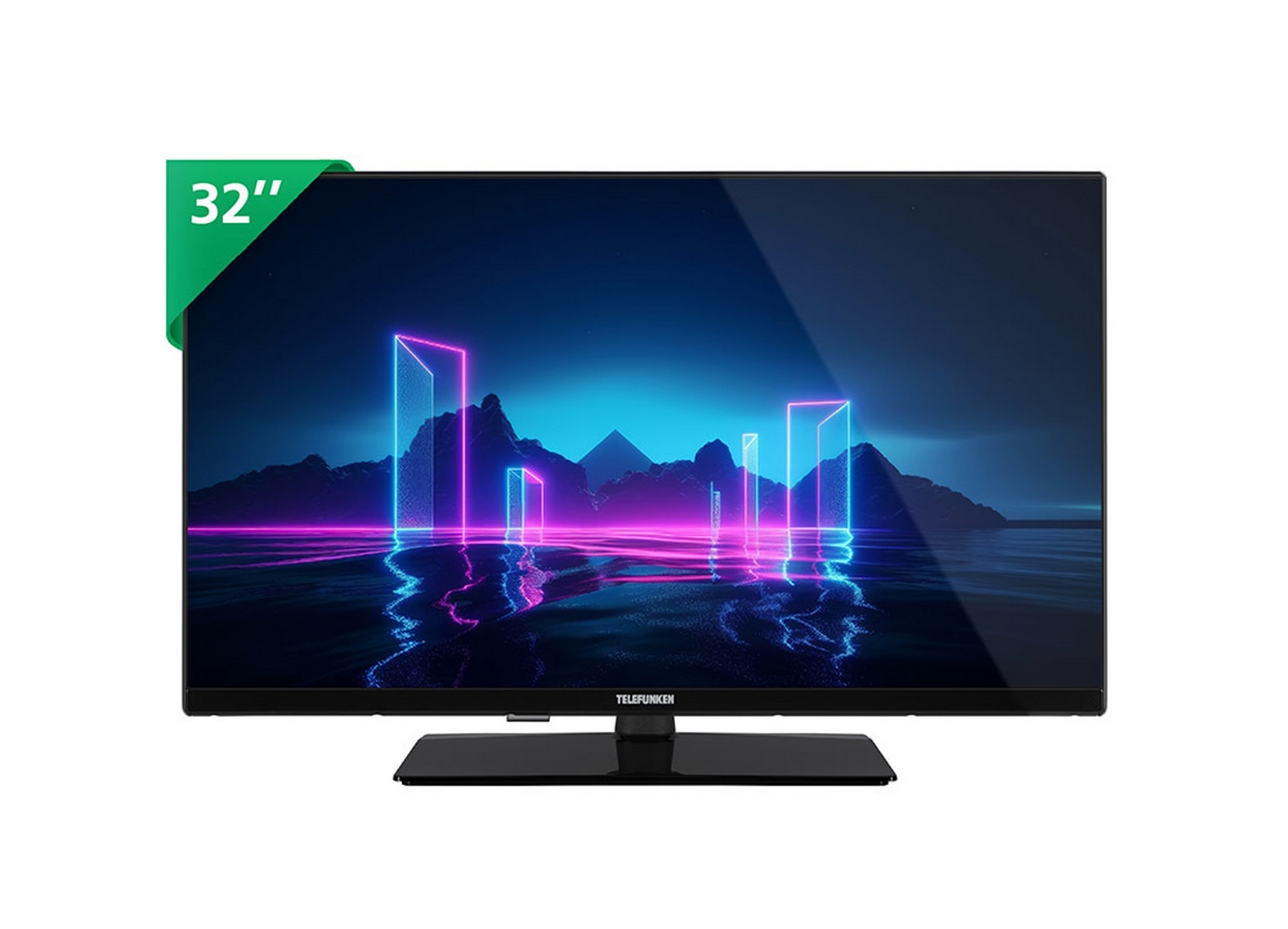 Una TV da 32 pollici con cornice nera, che mostra un paesaggio illuminato al neon.