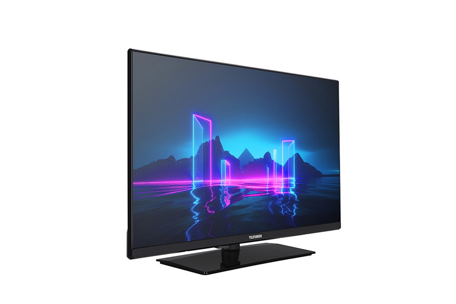 Una TV con cornice nera e supporto, con uno sfondo colorato.