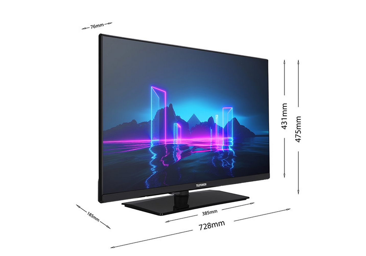 TV con dimensioni visualizzate, supporto nero e sfondo colorato.