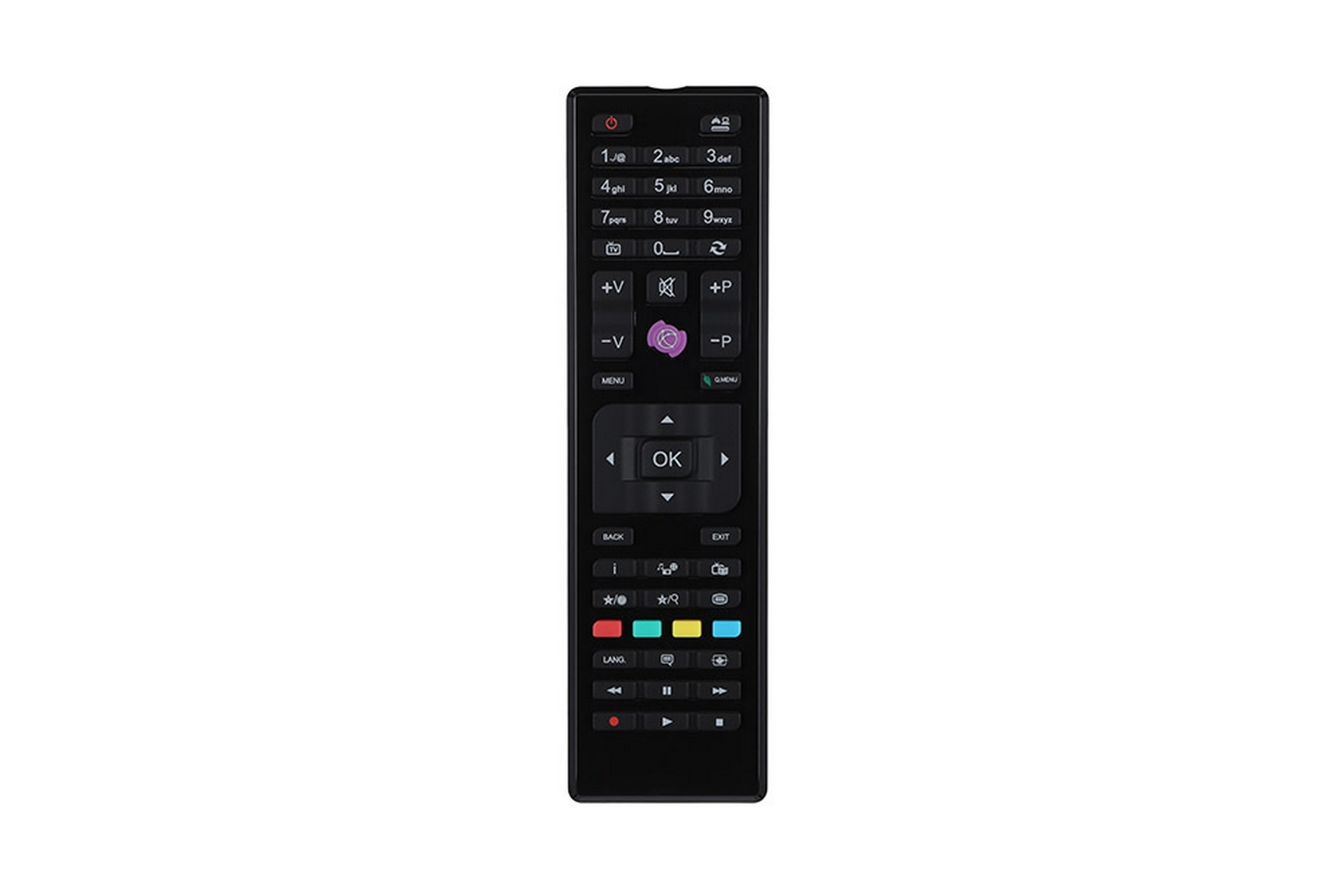 Un telecomando nero con molti pulsanti, un design standard per telecomandi TV.