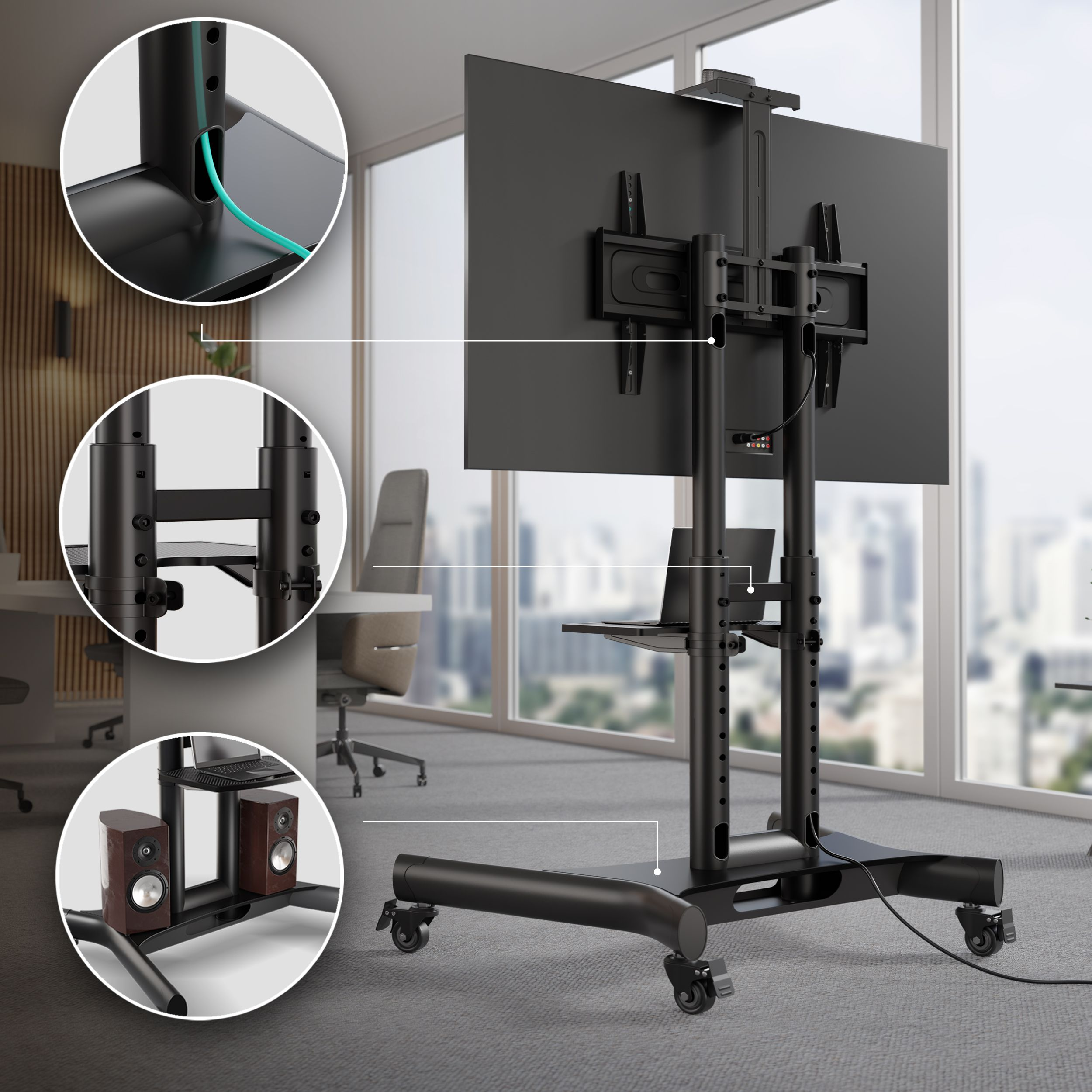 Czarny stojak TV z ekranem. Szczegóły pokazują zarządzanie kablami i półkę z głośnikami.