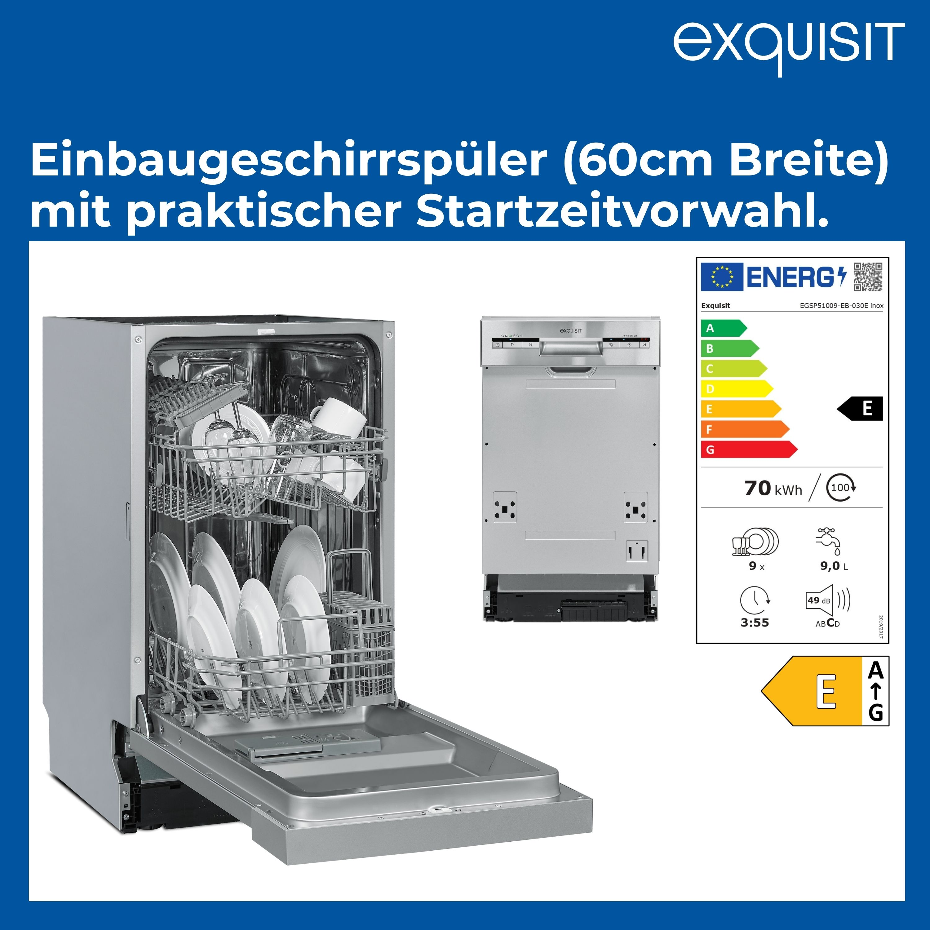 Geschirrspüler mit halb geöffneter Tür. Innen sauberes Geschirr und ein Energielabel.