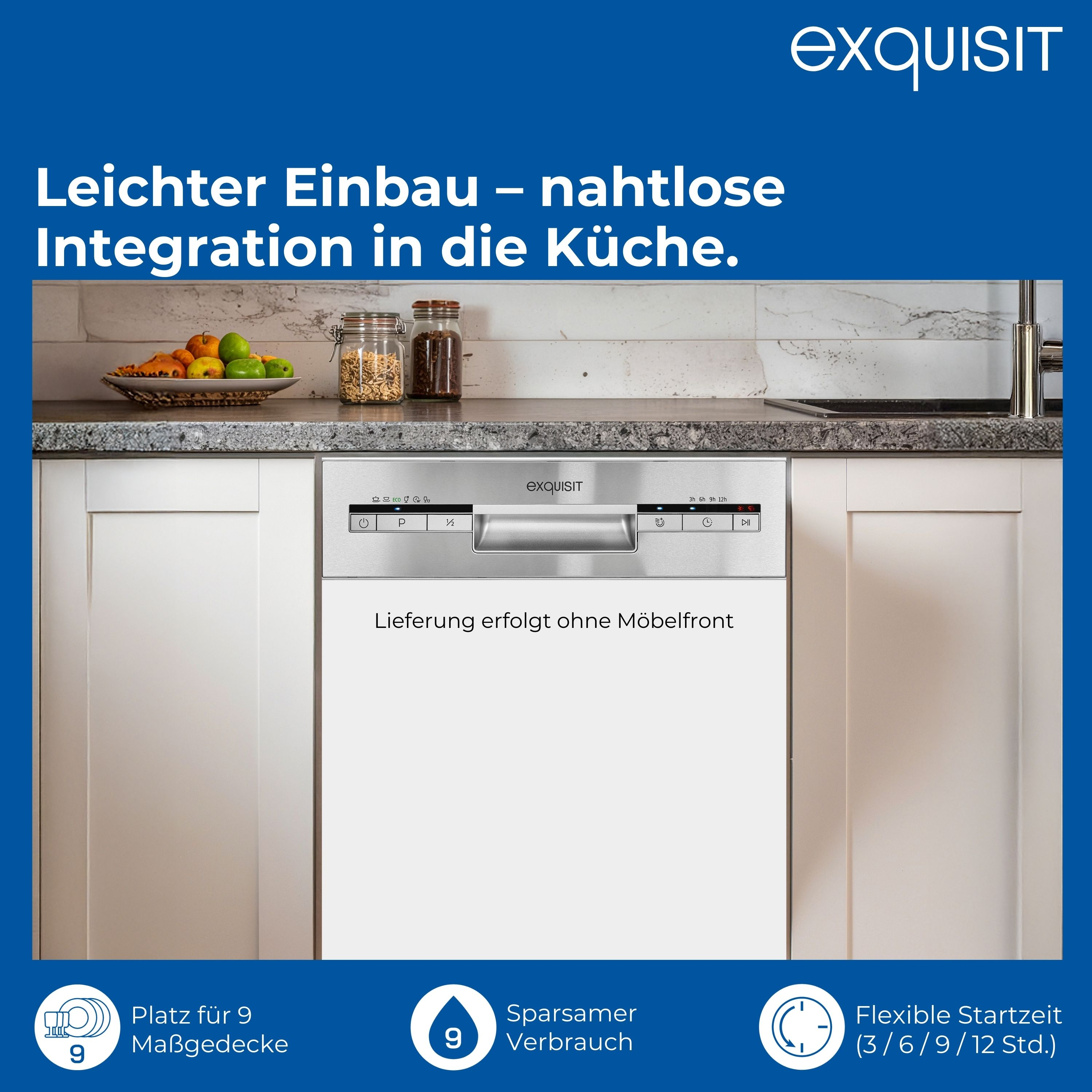 Geschirrspüler mit geschlossener Tür und Gläsern auf der Arbeitsplatte. Text: „Exquisit“.