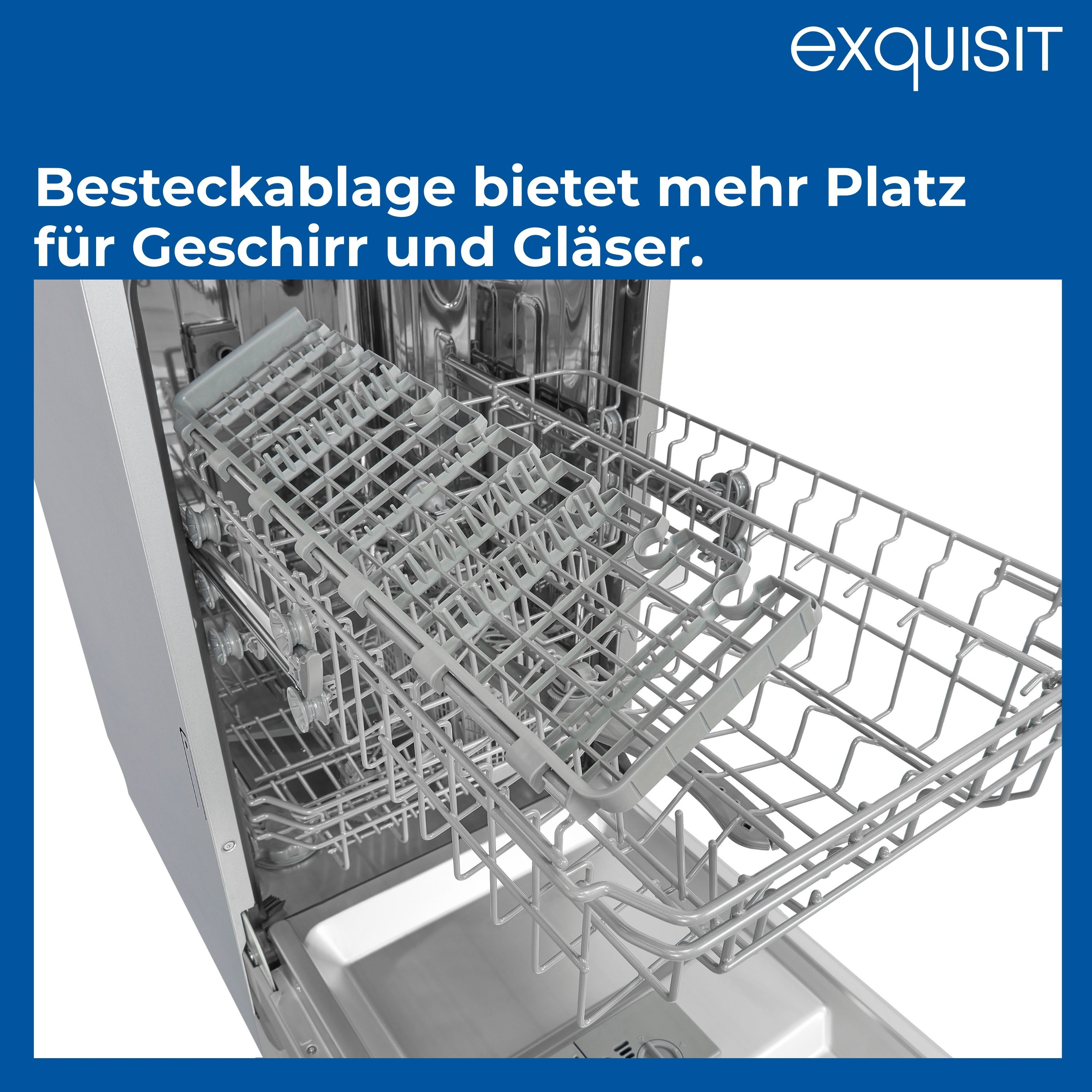 Nahaufnahme des Innenraums eines Geschirrspülers. Das Bild zeigt den Besteckkorb und das Innere.