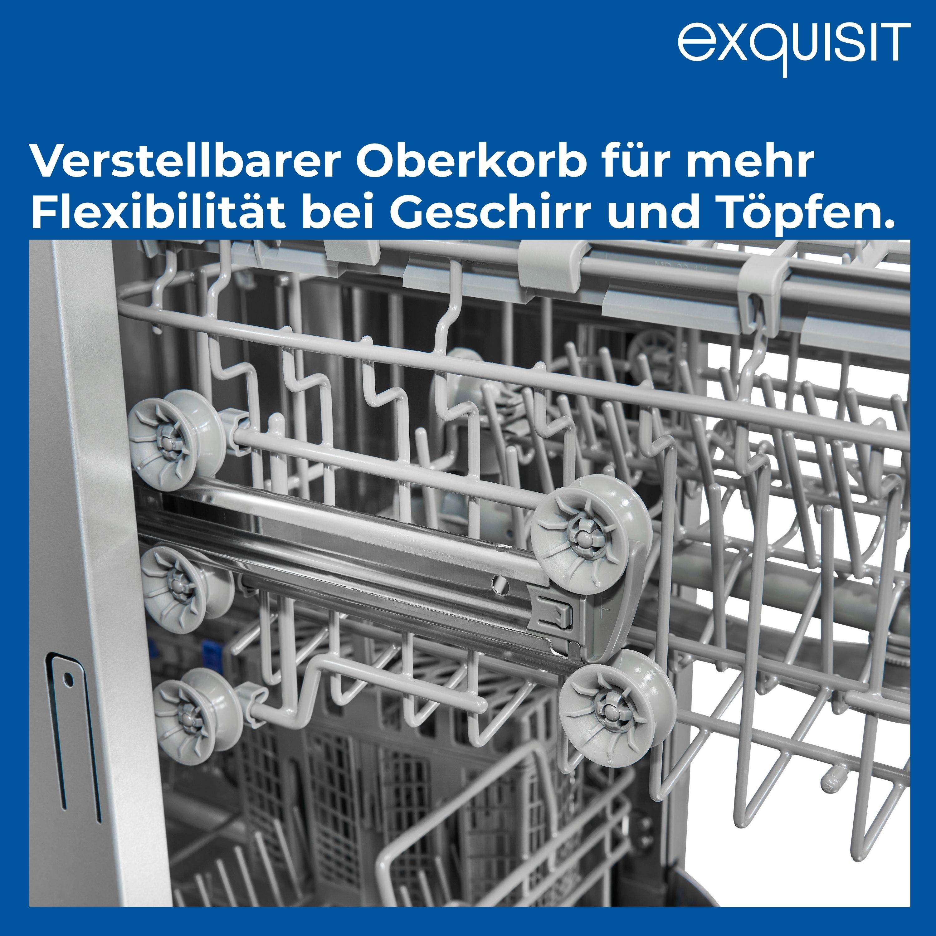 Geschirrspüler-Innenraum mit verstellbarem Oberkorb mit grauen Rollen und Halterungen.