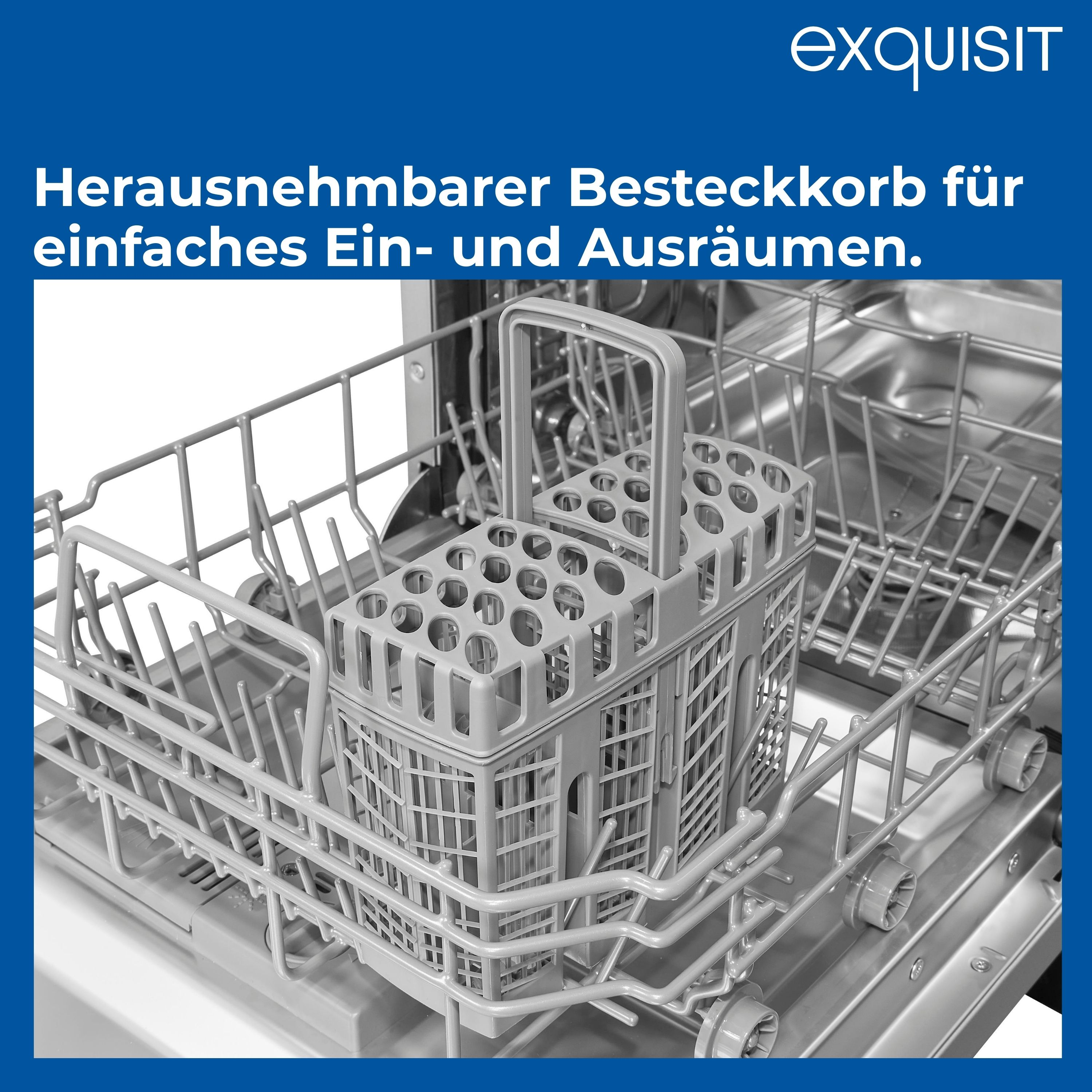 Geschirrspüler-Innenraum mit herausnehmbarem Besteckkorb, grau, Kunststoff, rechteckig.
