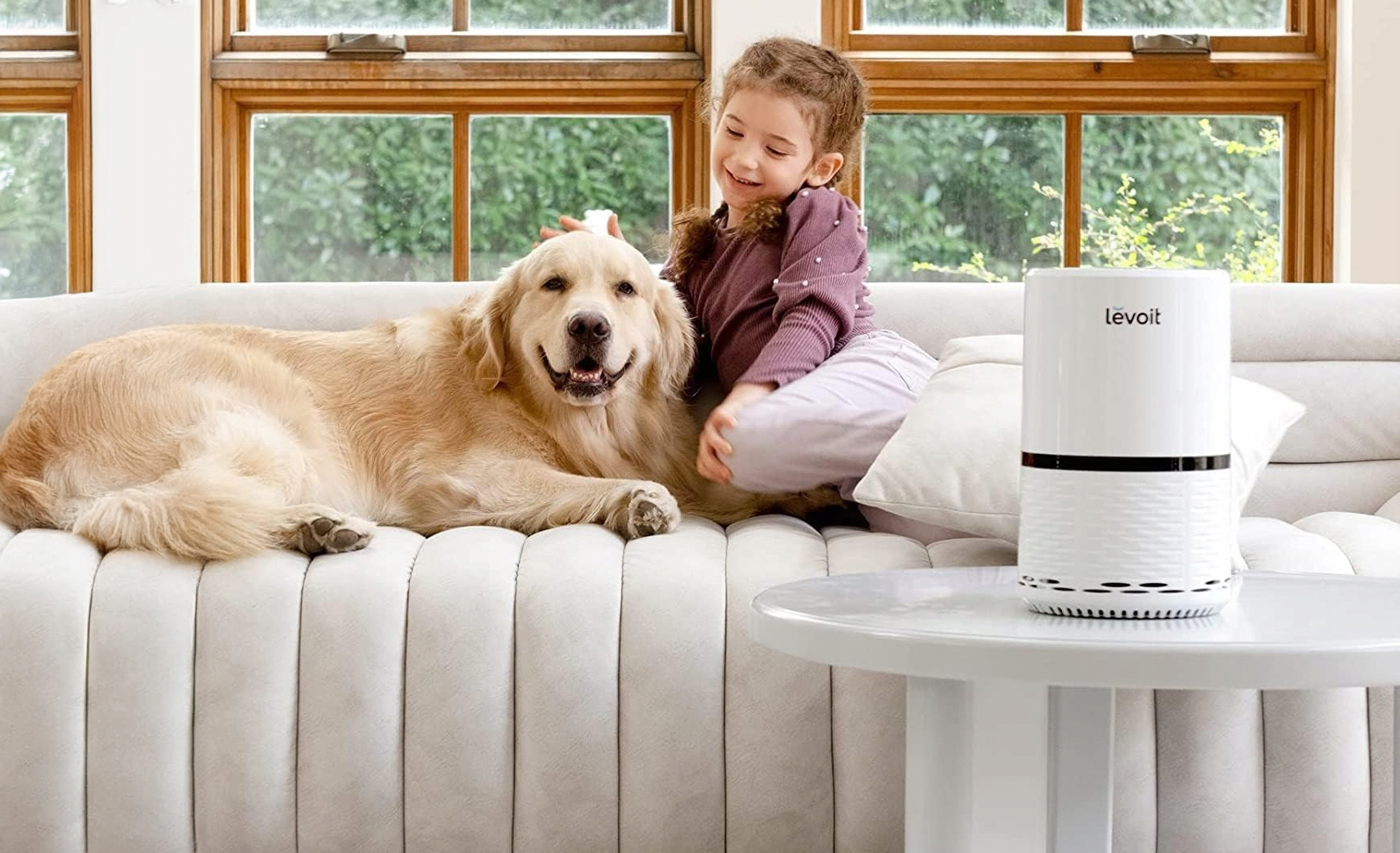 Dziewczyna głaszcze golden retrievera na białej sofie. Biały oczyszczacz powietrza stoi obok. Okrągły stół jest na pierwszym planie.