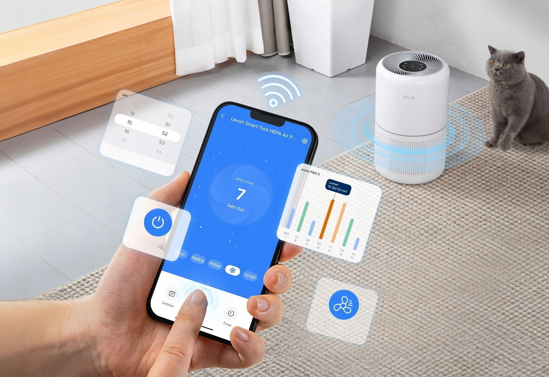 Osoba korzysta z telefonu wyświetlającego dane dotyczące jakości powietrza. Oczyszczacz powietrza i kot są w tle. Widoczne ikony i wykresy.