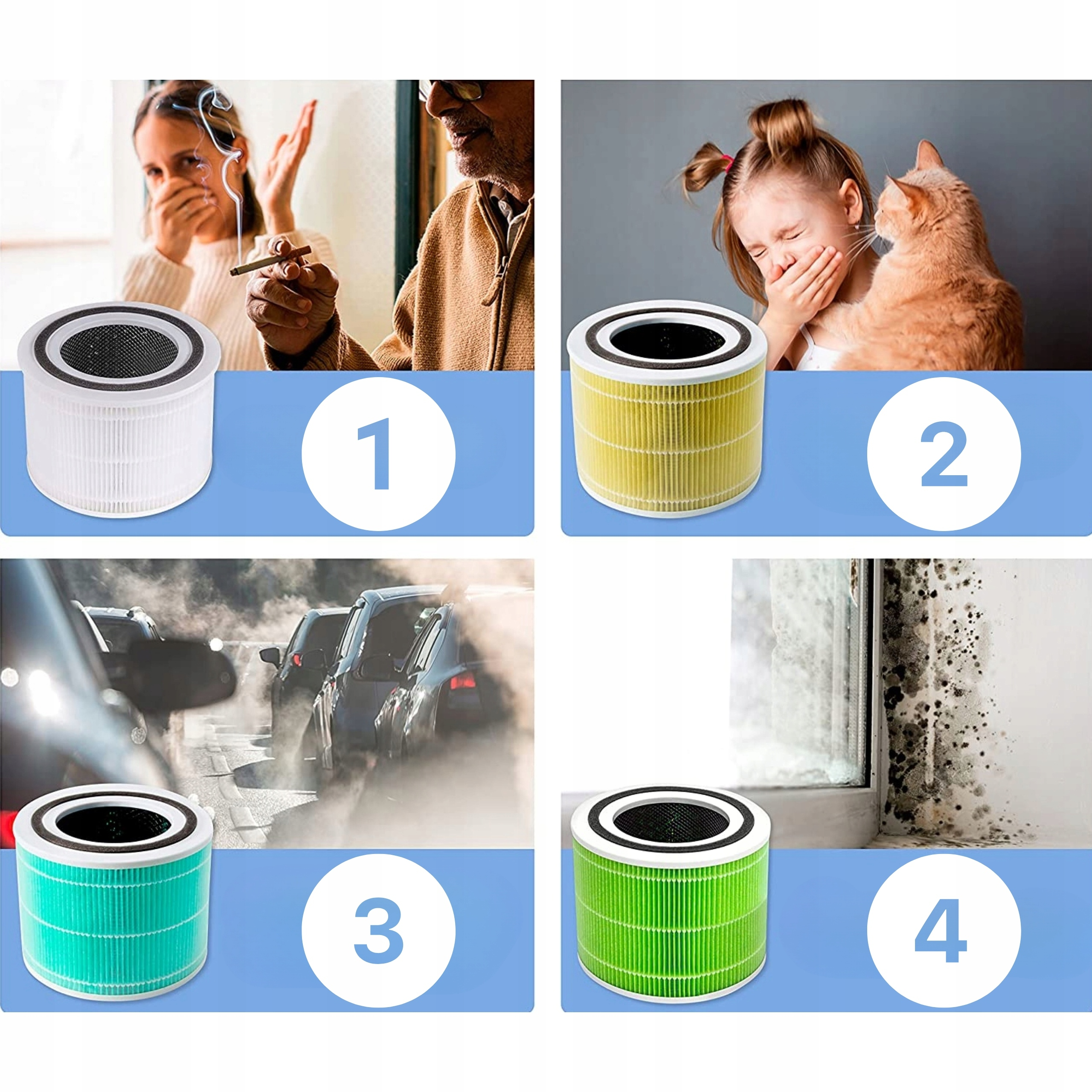 Cztery obrazy pokazujące porównanie filtrów powietrza. Pokazano palaczy, dzieci z kotem, samochody i zanieczyszczenia oraz spleśniałe ściany.