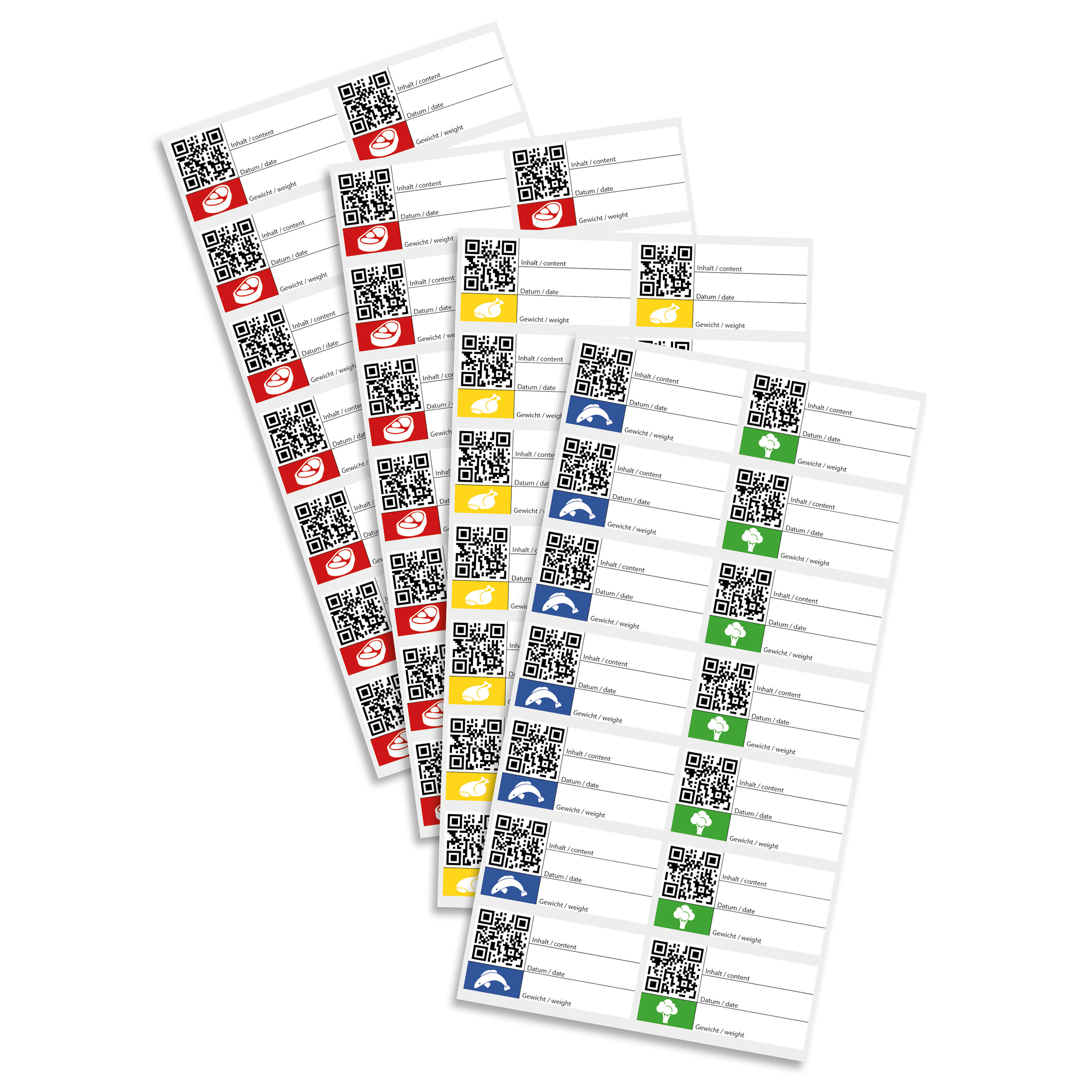 Mehrere Lebensmitteletiketten in Fächerform. Verschiedene Farben und QR-Codes sind aufgedruckt.