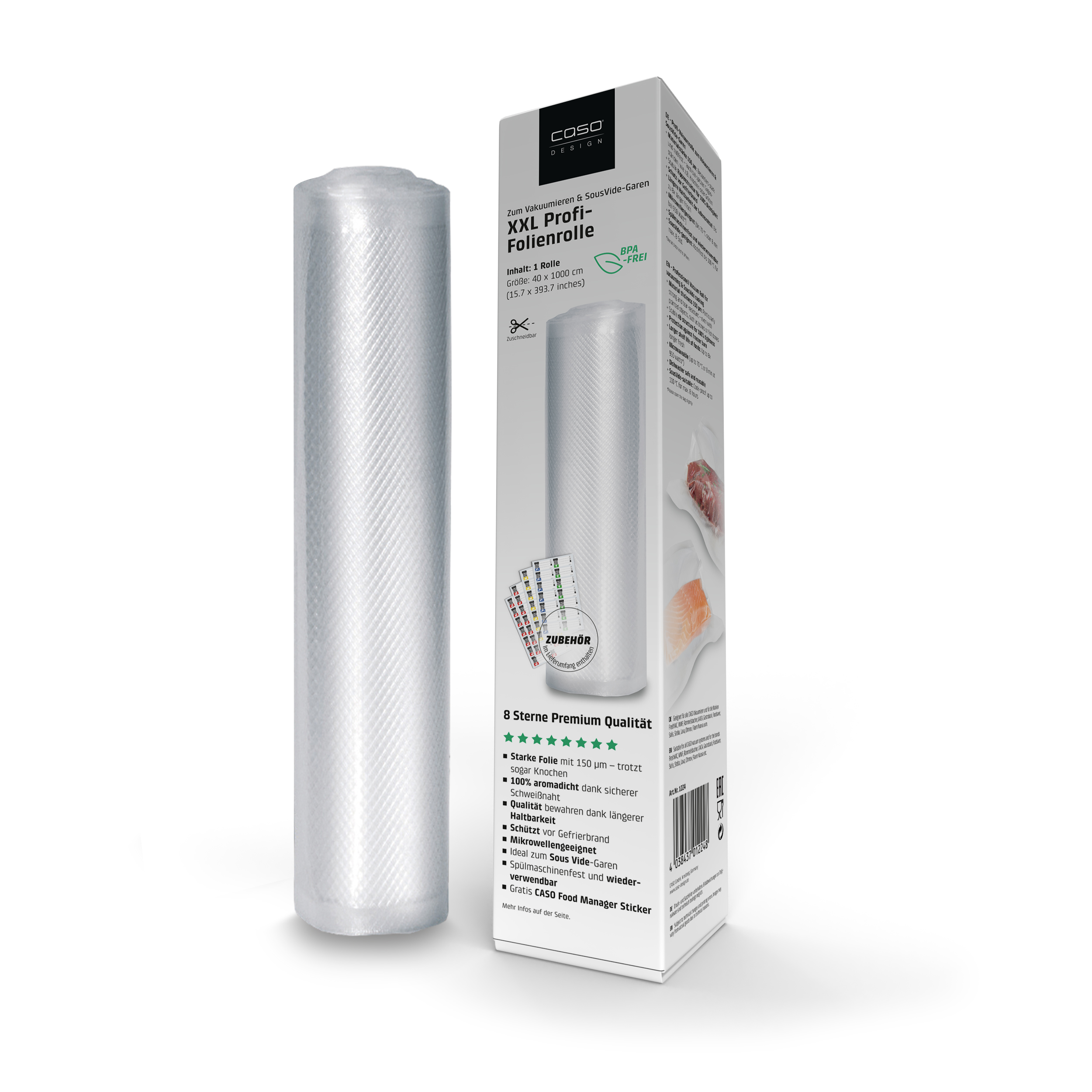 Vakuumierfolienrolle in Verpackung. Weiße Box mit Produktdetails. Klare Plastikrolle sichtbar.