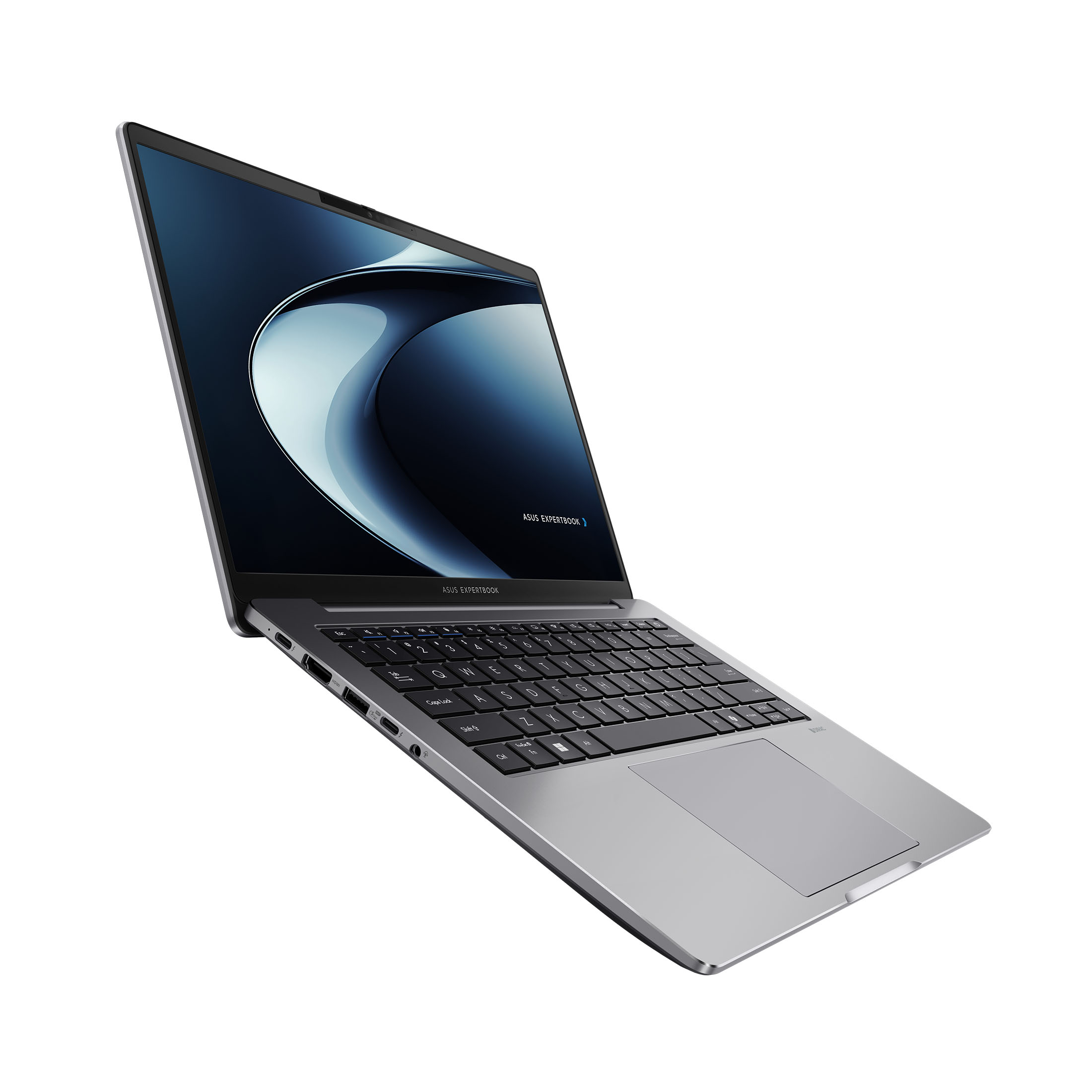 Silberner Laptop, schräge Ansicht, schwebend. Bildschirm zeigt dunkelblaues Design, schwarze Tastatur und Touchpad. ASUS EXPERTBOOK Logo sichtbar.
