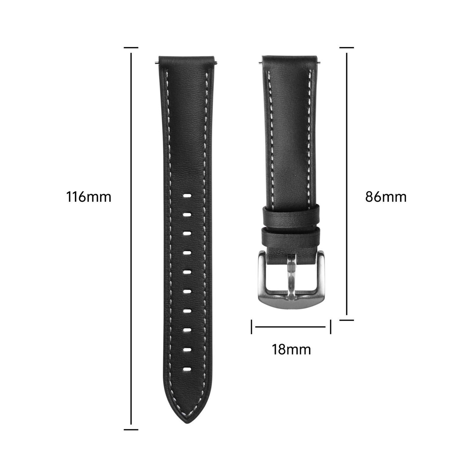 Schwarze Leder-Uhrenarmbänder, 116 mm und 86 mm lang, mit weißen Nähten. Eines hat eine Schnalle, das andere Löcher zur Anpassung.