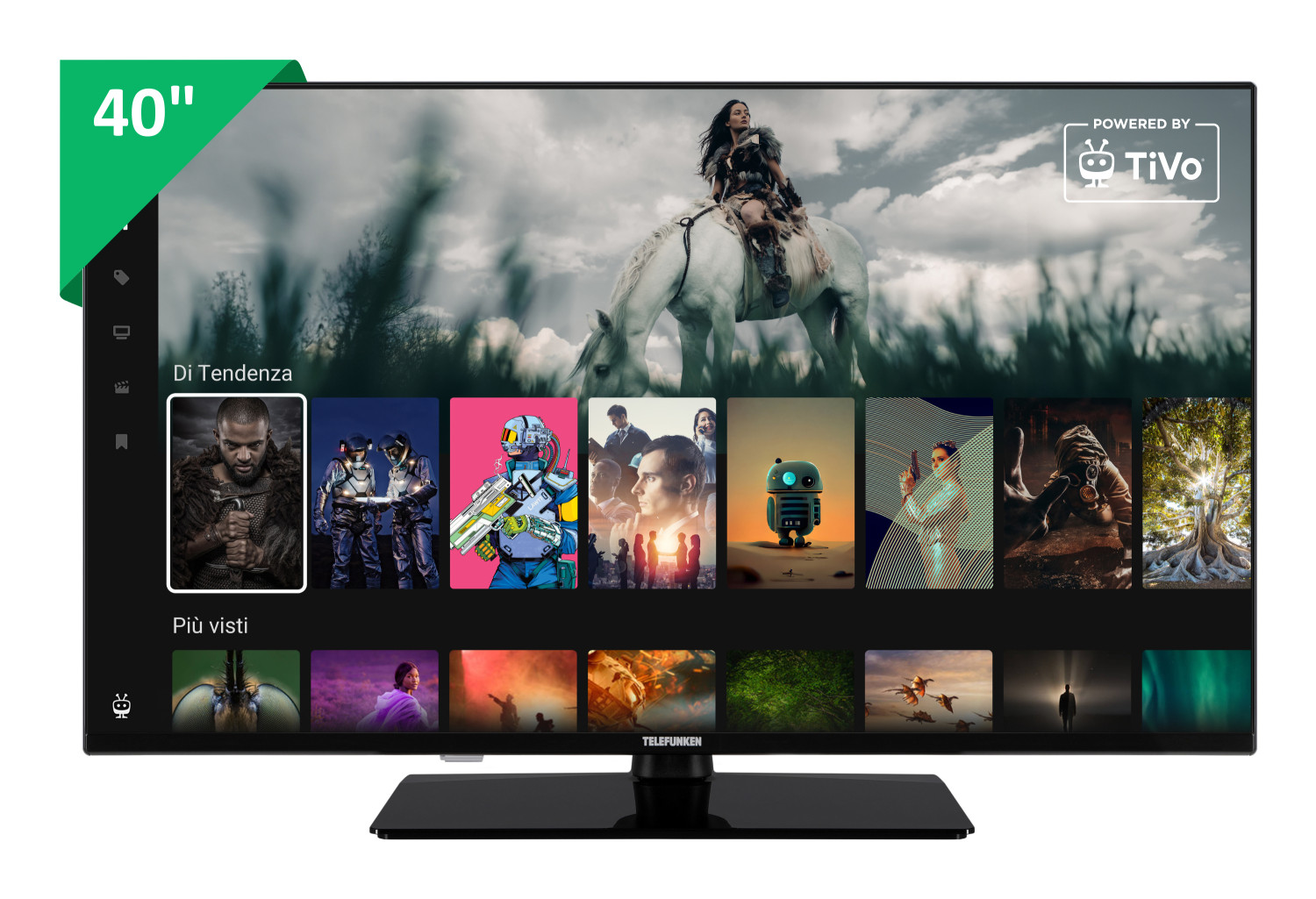 TV a schermo piatto da 40 pollici che mostra miniature di programmi. Alimentato da TiVo.
