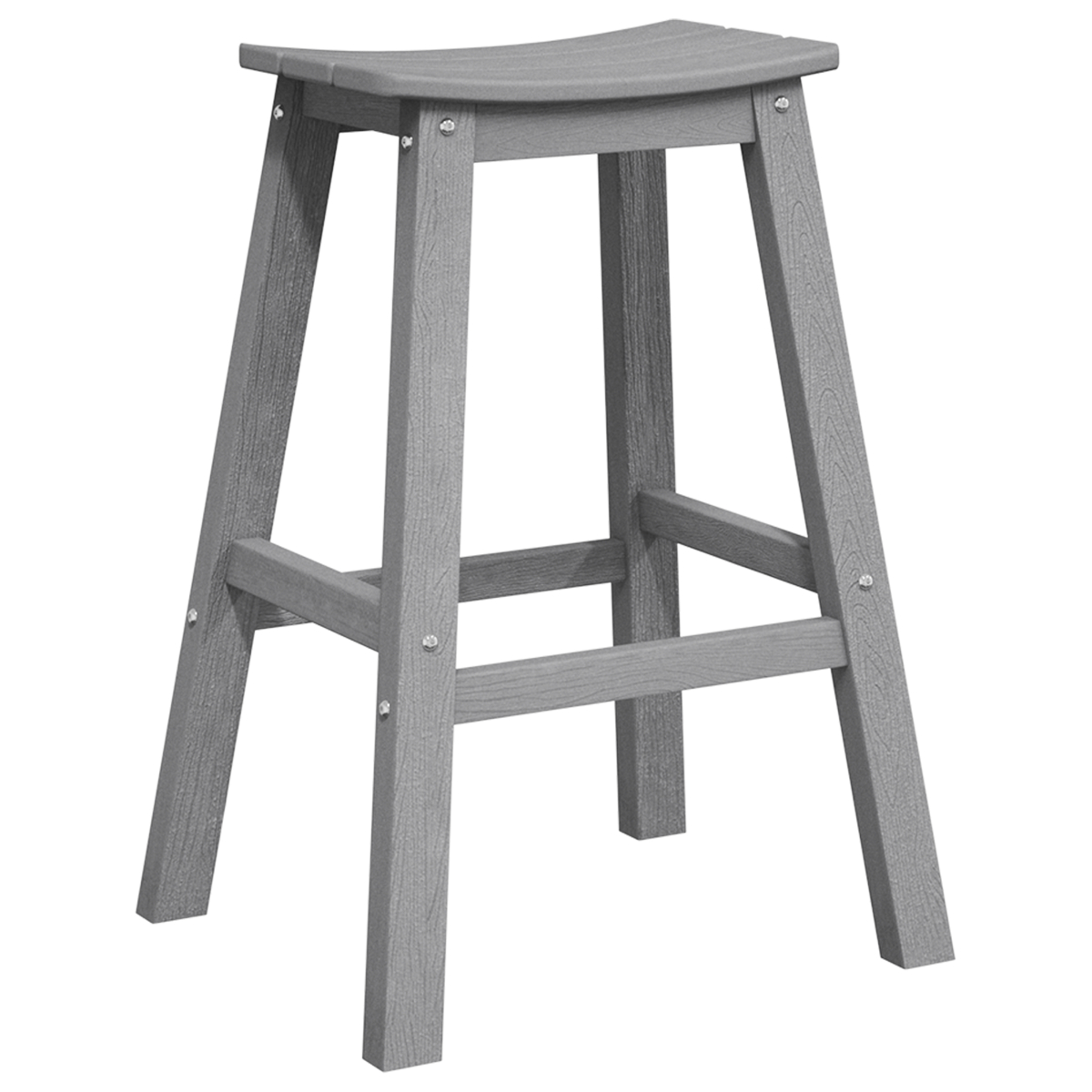 Grauer Hocker mit geschwungenem Sitz. Einfaches Design, Holzbeine. Isoliert auf weißem Hintergrund.
