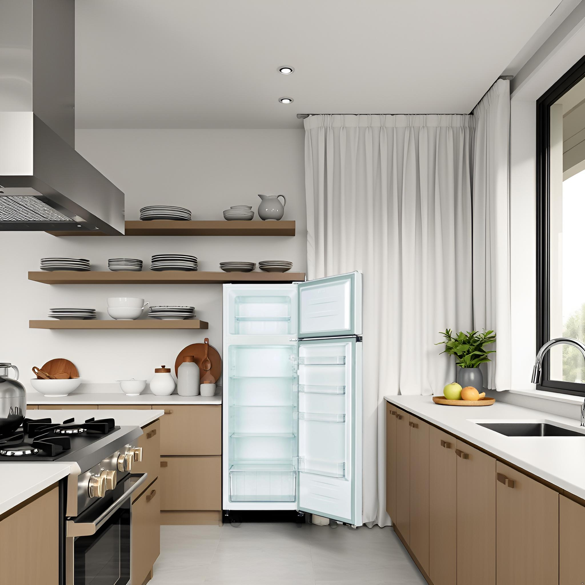 Cocina con nevera blanca con puerta abierta, estantes con platos y armarios marrones. Una ventana a la derecha.