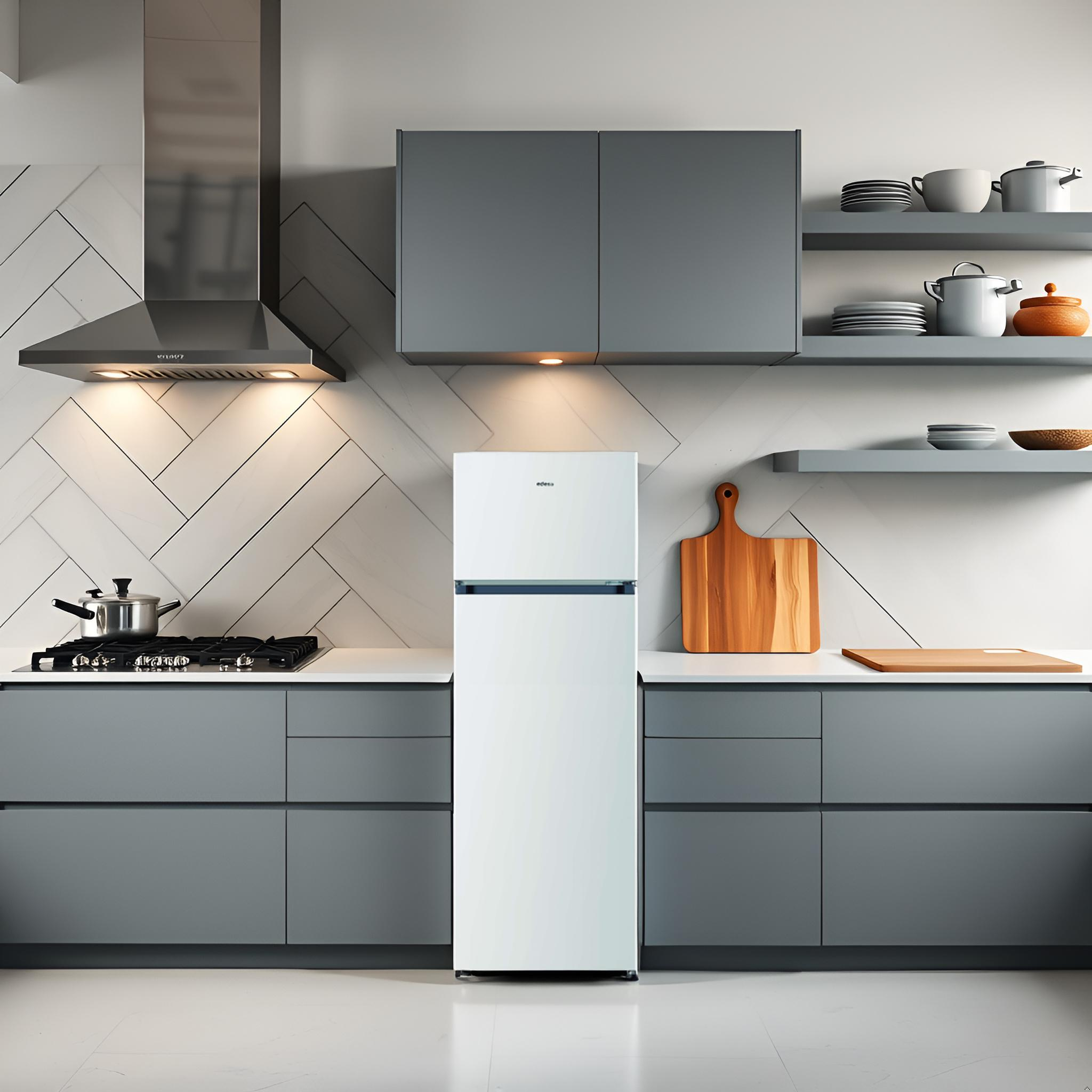 Un refrigerador blanco en una cocina con gabinetes grises y una campana de acero inoxidable.