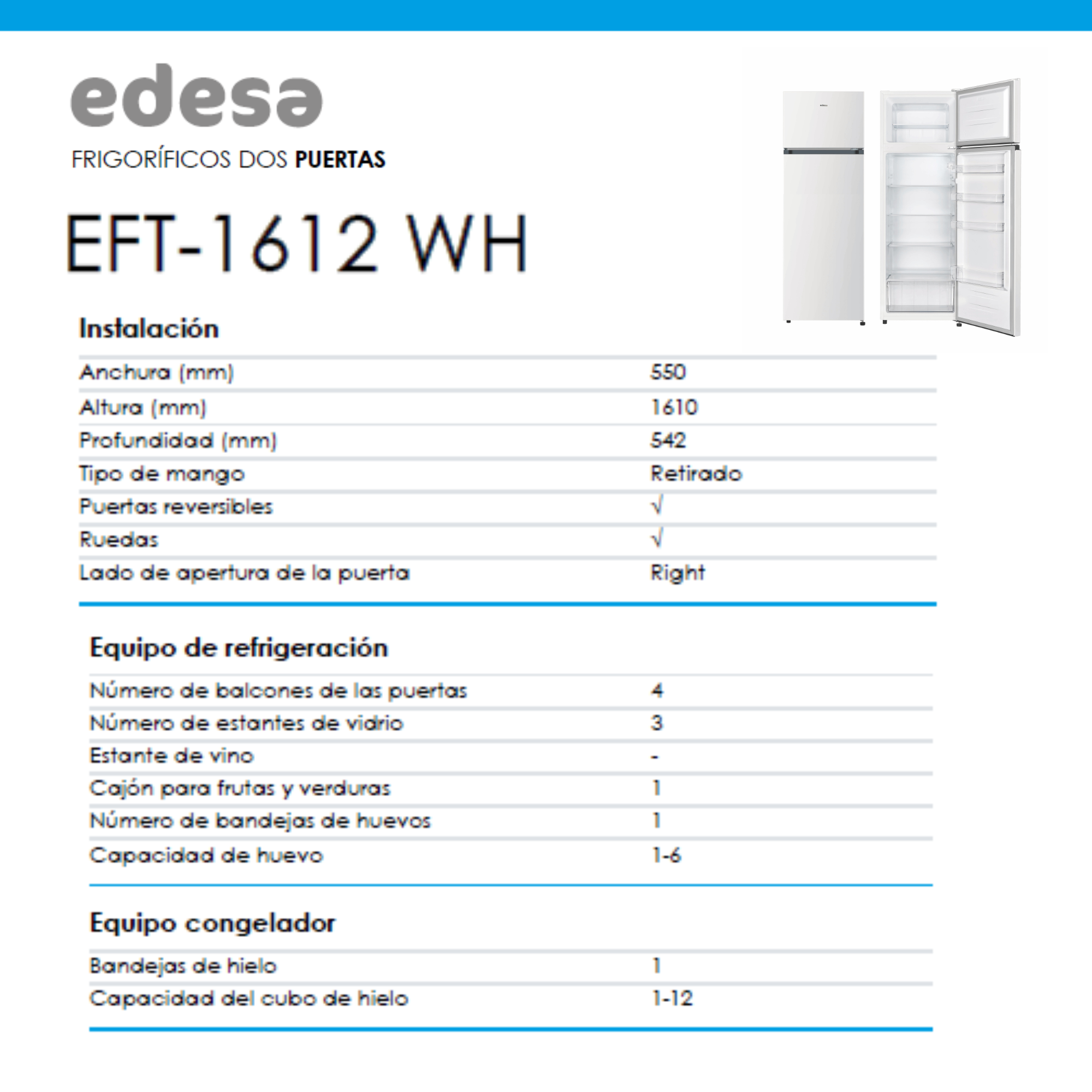 Una hoja de información del producto para un refrigerador, con especificaciones en español.