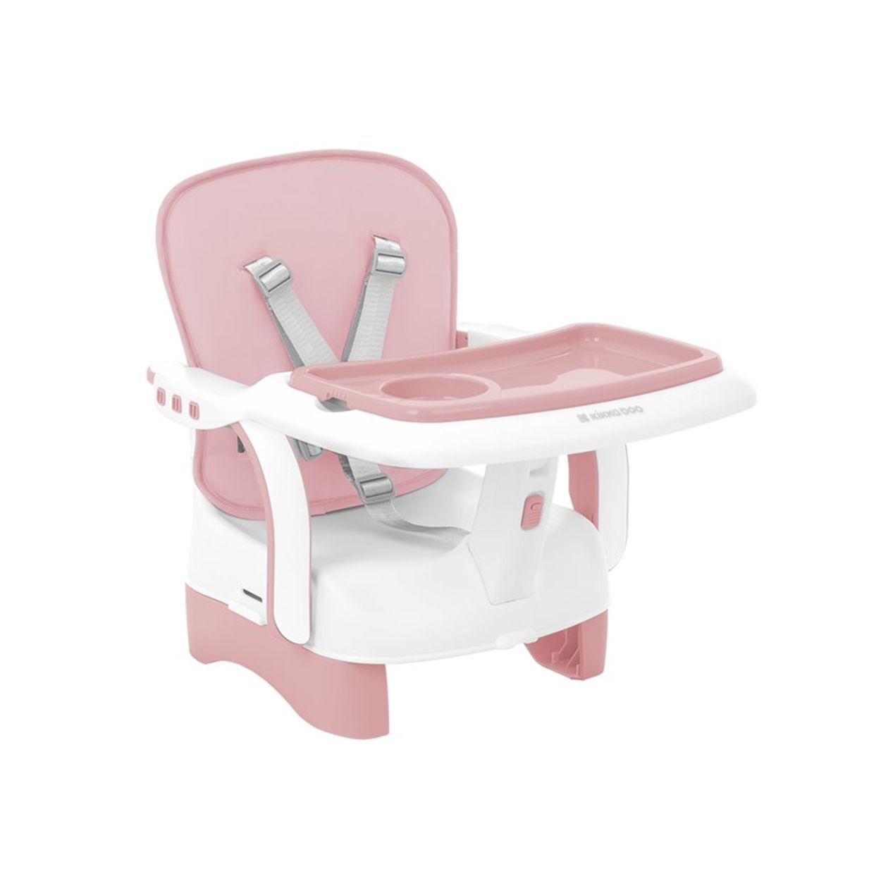 Ein rosa-weißer Hochstuhl mit Tablett und Gurten wird vor weißem Hintergrund gezeigt.