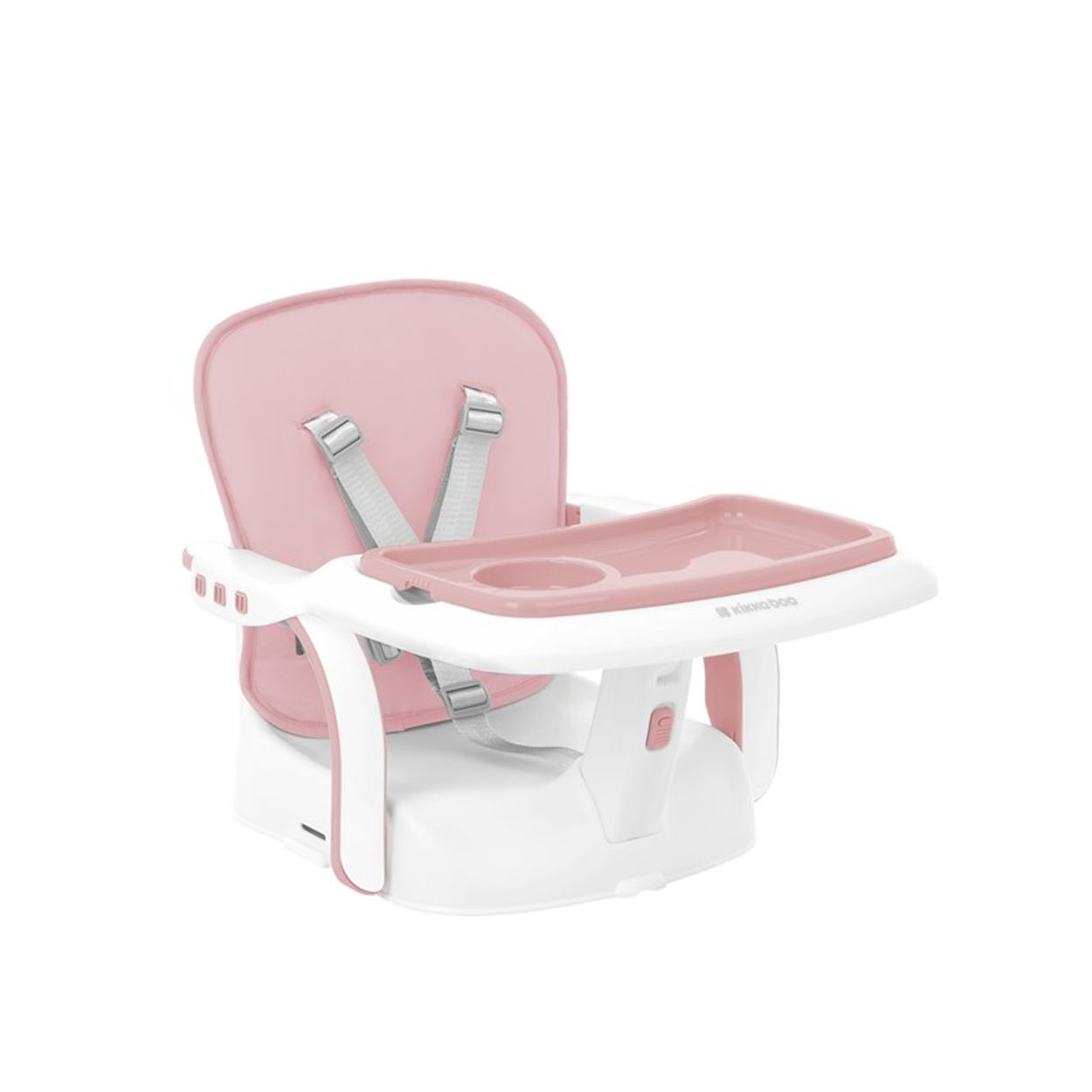 Rosa und weißer Babyhochstuhl mit Tablett und Sicherheitsgurten. Isoliert auf Weiß.