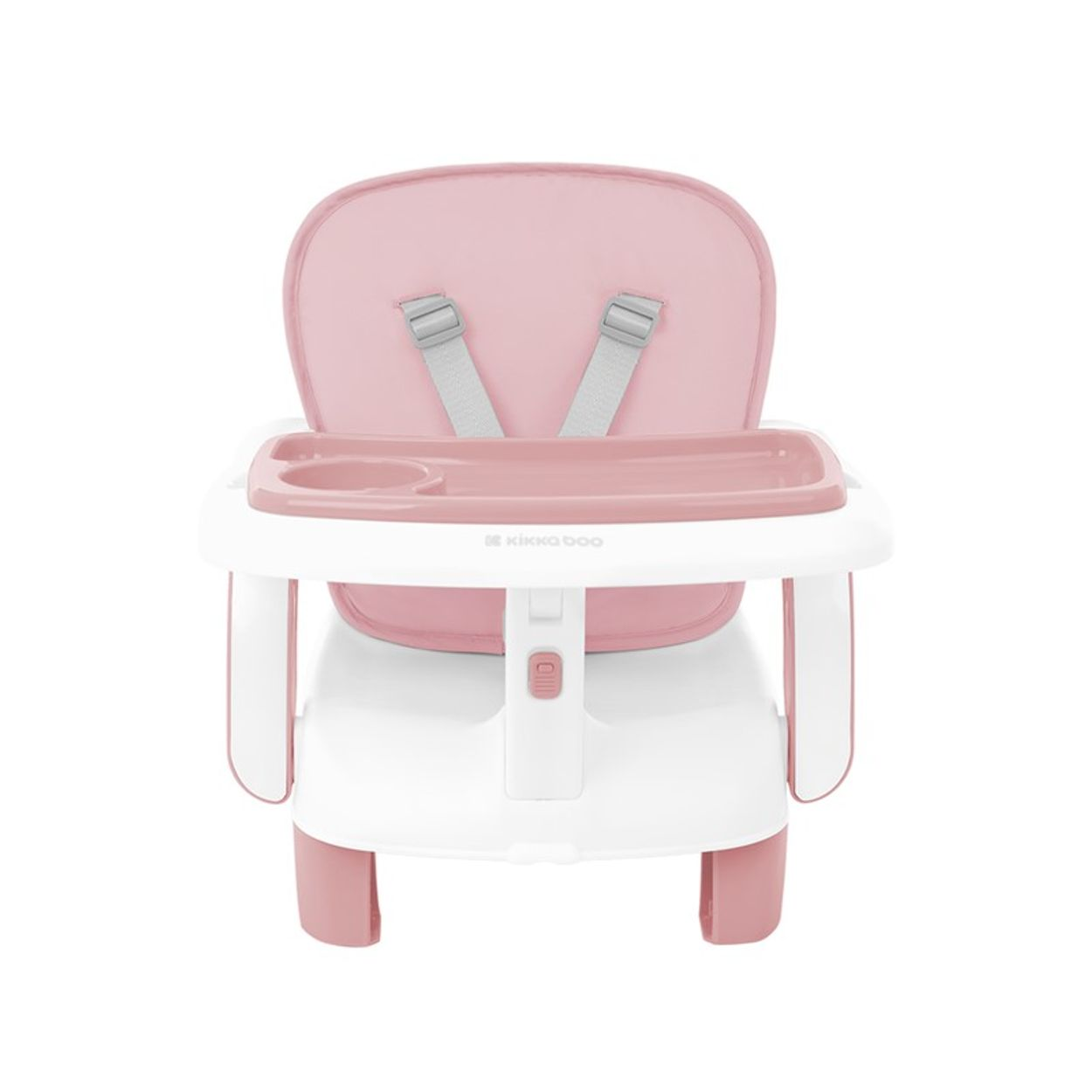 Ein rosa-weißer Babyhochstuhl mit Tablett und Gurten, isoliert auf Weiß.