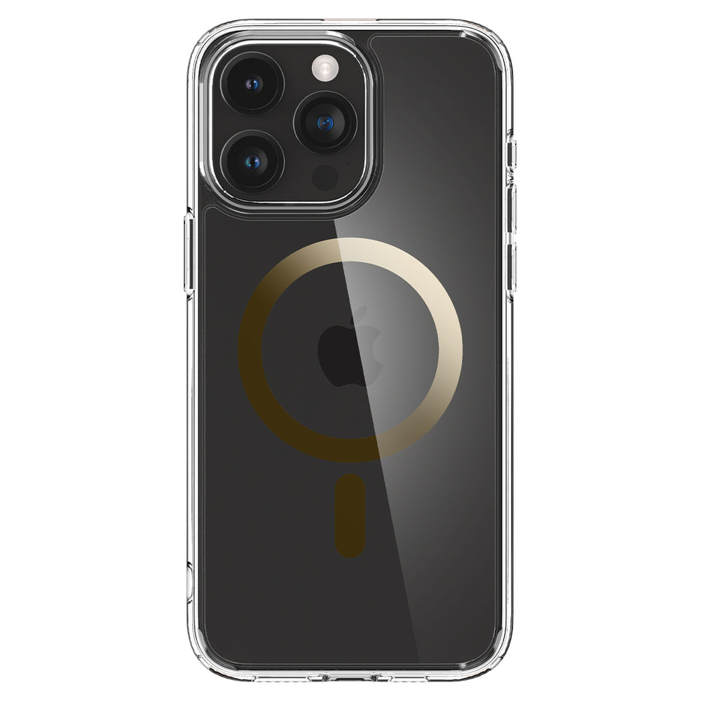 Transparante telefoonhoes met een gouden cirkel en een zwart minteken. De camera van de iPhone is zichtbaar.