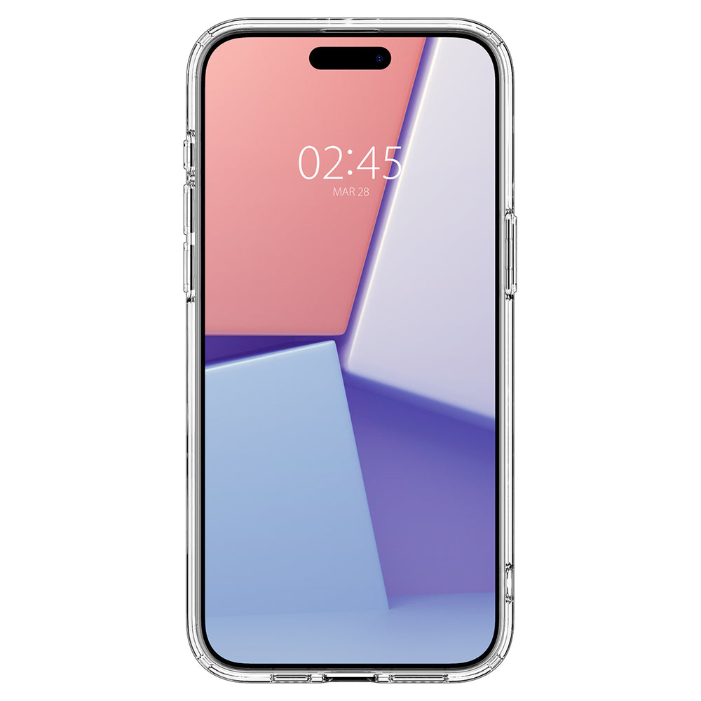 Smartphone met een doorzichtige hoes. Het scherm toont een roze en blauwe abstracte achtergrond.