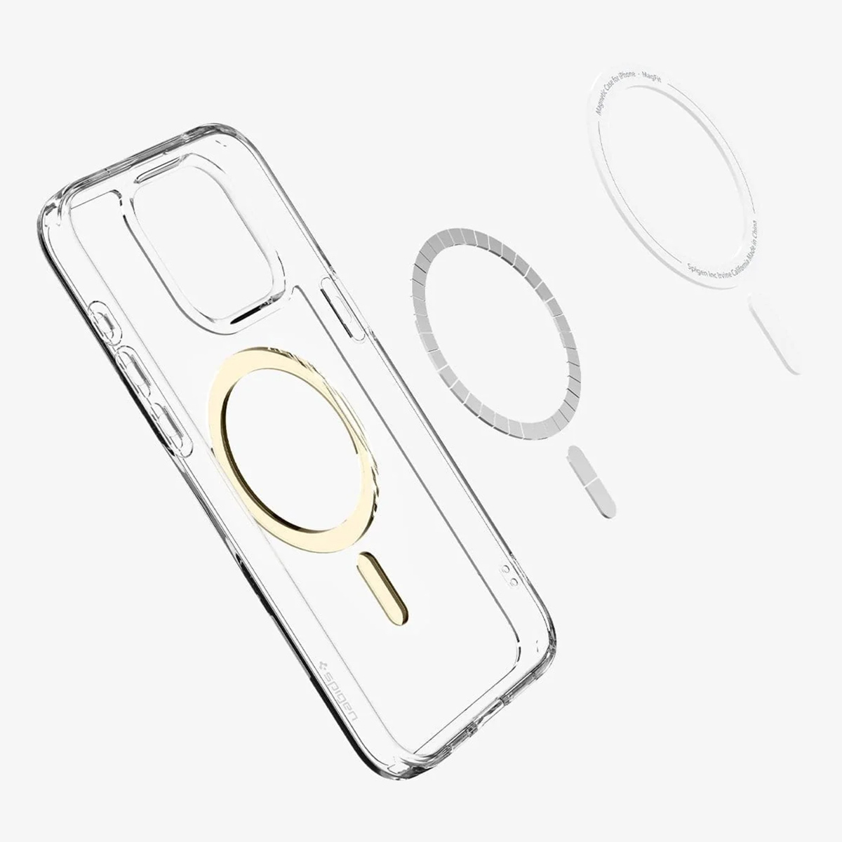 Transparante telefoonhoes met gouden ring en zwevende magnetische componenten. Naar links gekanteld.
