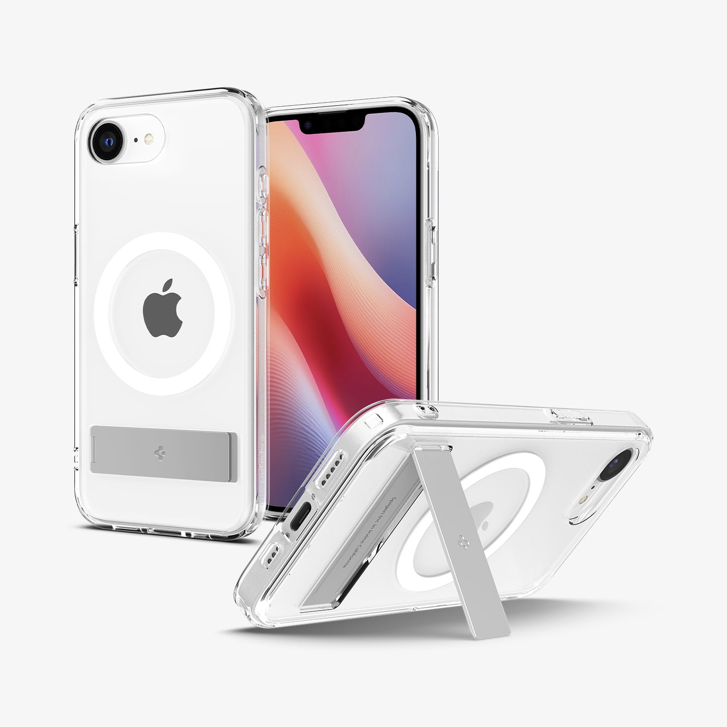 Drie doorzichtige telefoonhoesjes met Apple-logo, één met standaard.