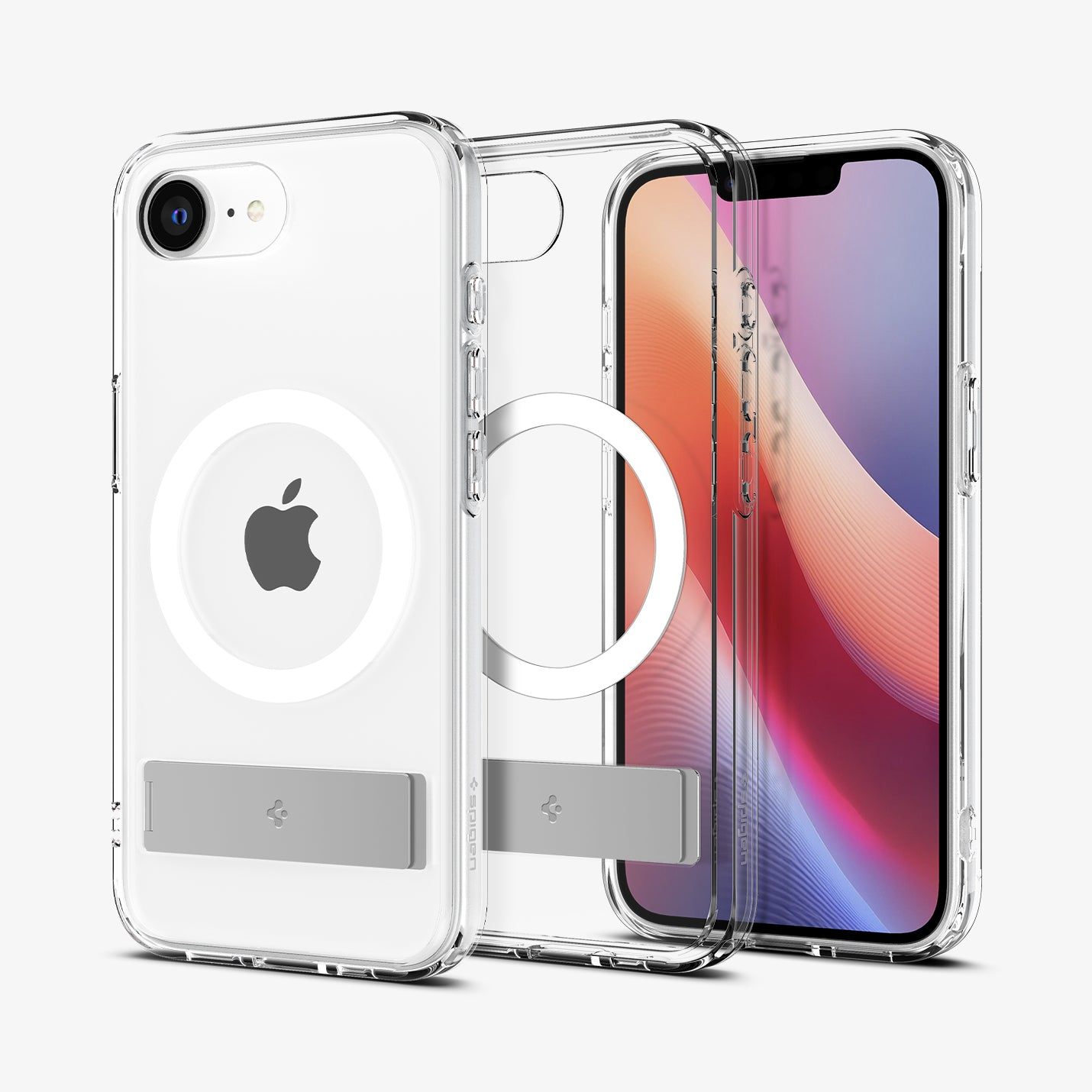 Transparante telefoonhoes met een MagSafe-ring. Toont een telefoon met een kleurrijk scherm. De hoes heeft een standaard.