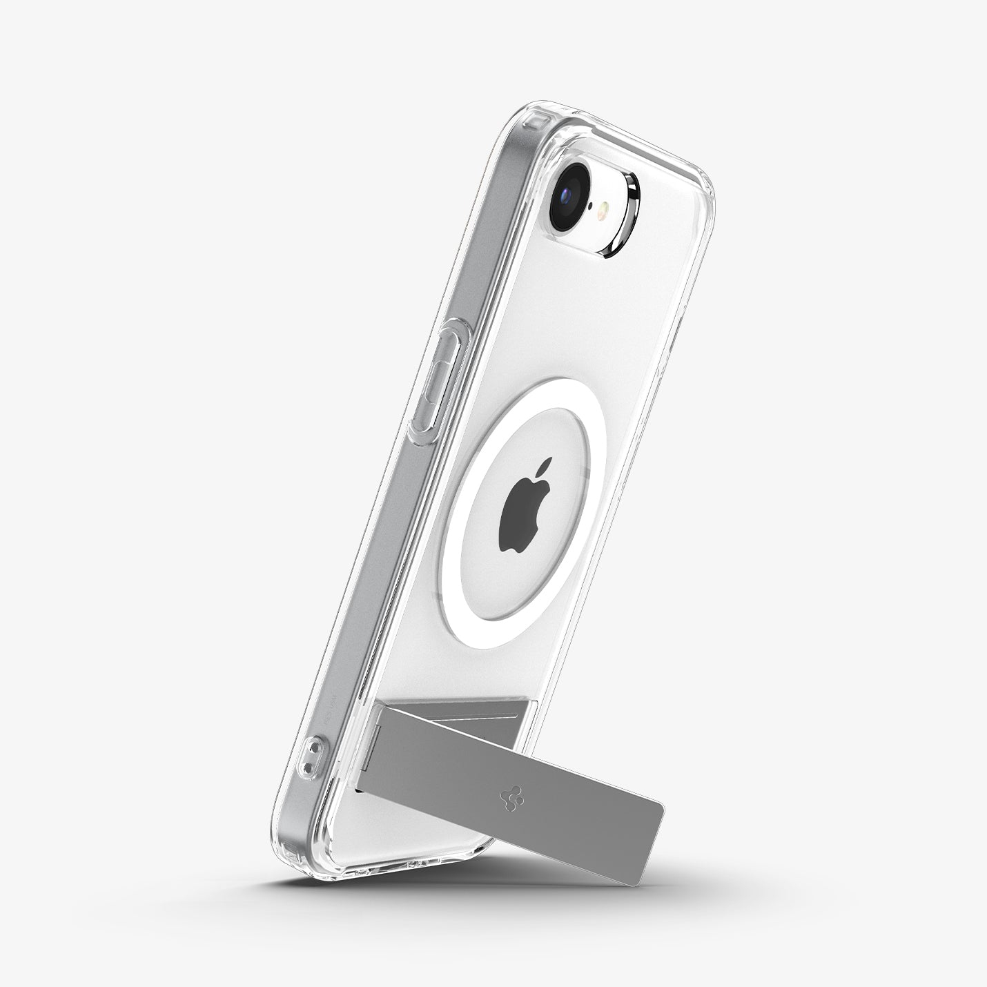 Transparant telefoonhoesje met Apple-logo en zilveren standaard.
