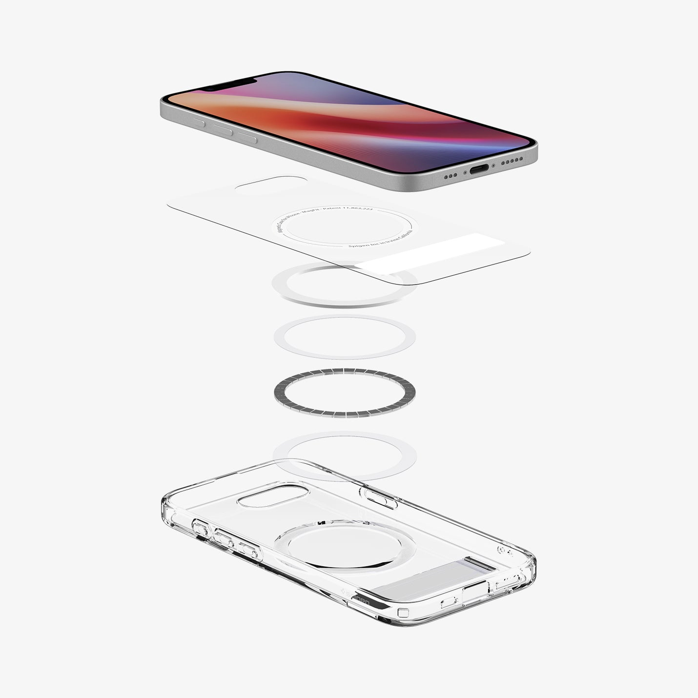 Exploded view van een iPhone, met de hoes, MagSafe-componenten en de telefoon zelf.