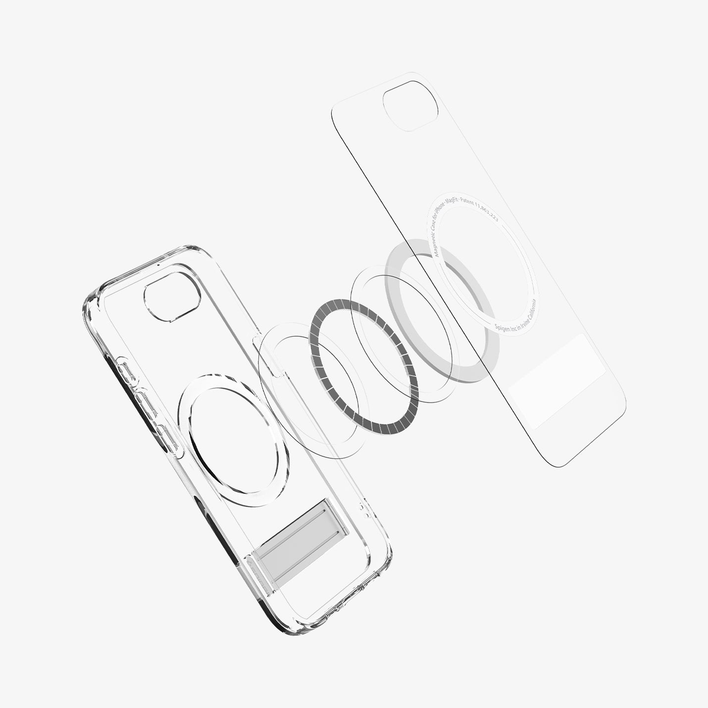 Telefoonhoesje met Apple-logo, met de interne werking zichtbaar.