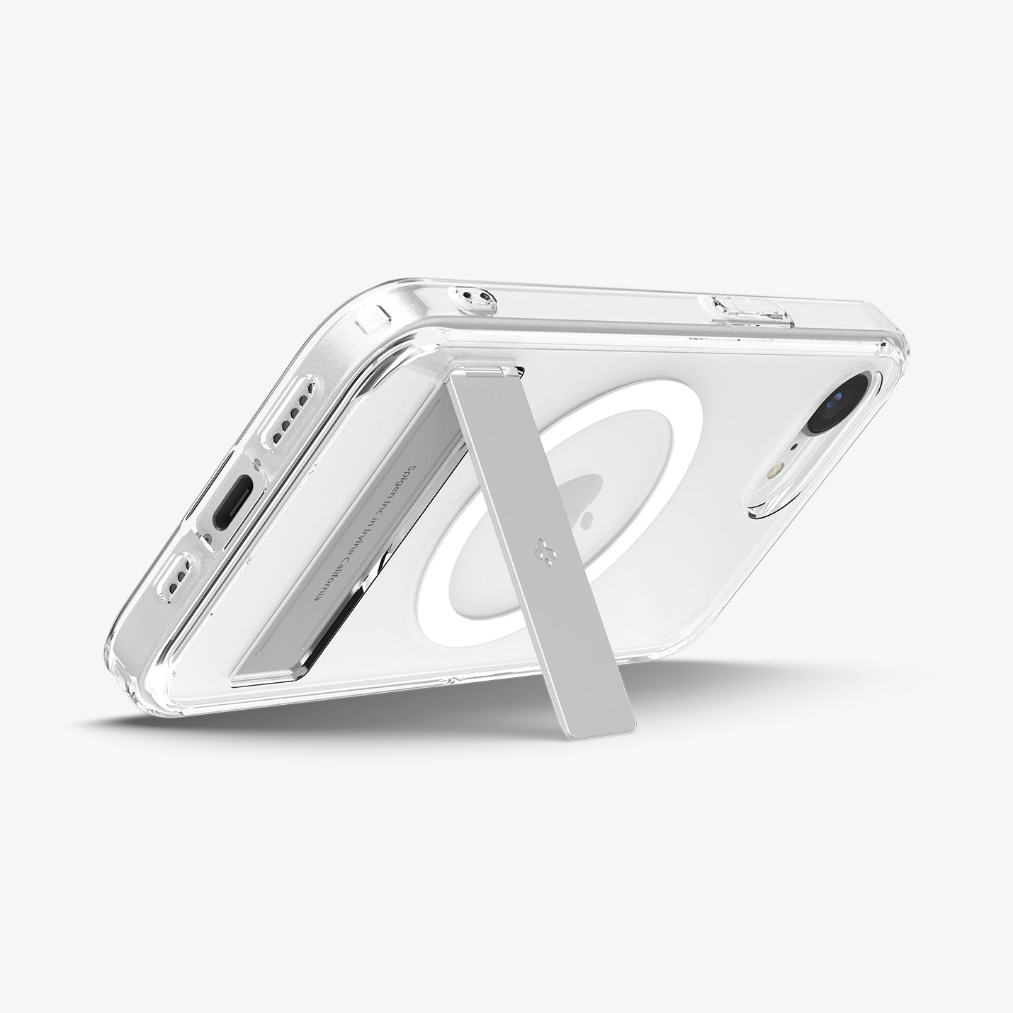 Transparante telefoonhoes met een MagSafe-ring. De telefoon staat schuin en toont de achterkant en een standaard.
