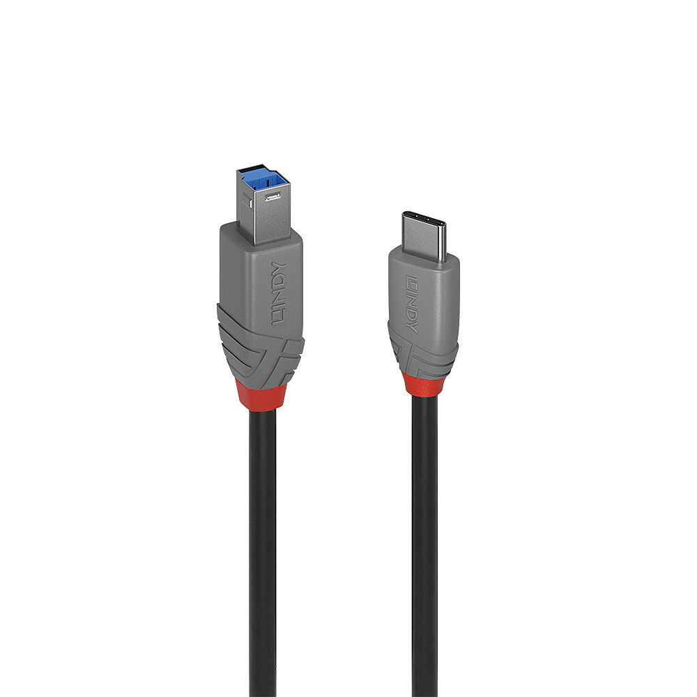 Zwei USB-Kabel, Typ C und Typ B, mit grauen Steckern und schwarzen Kabeln.