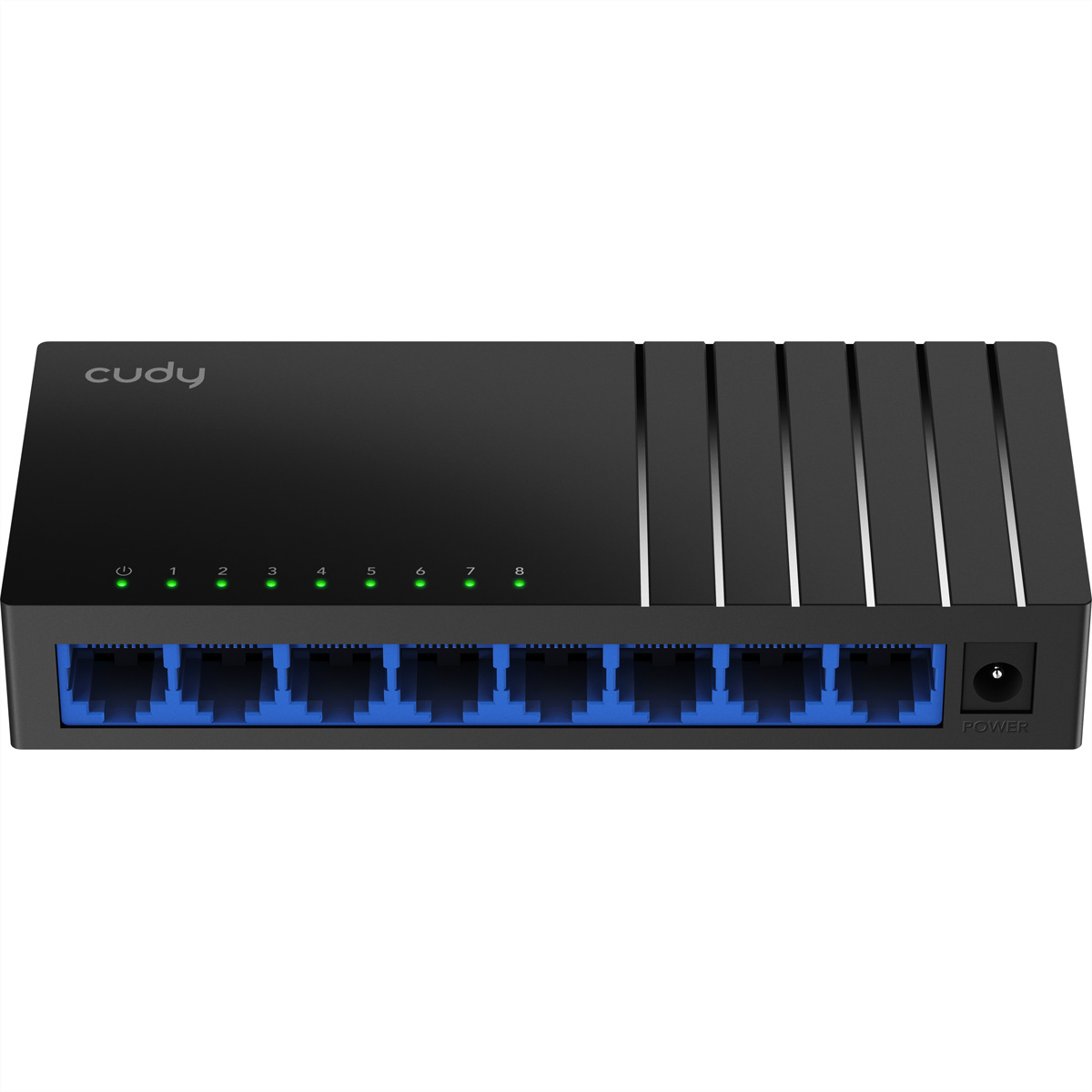 Un switch Ethernet noir avec des ports bleus. L'appareil a 8 ports et un connecteur d'alimentation.
