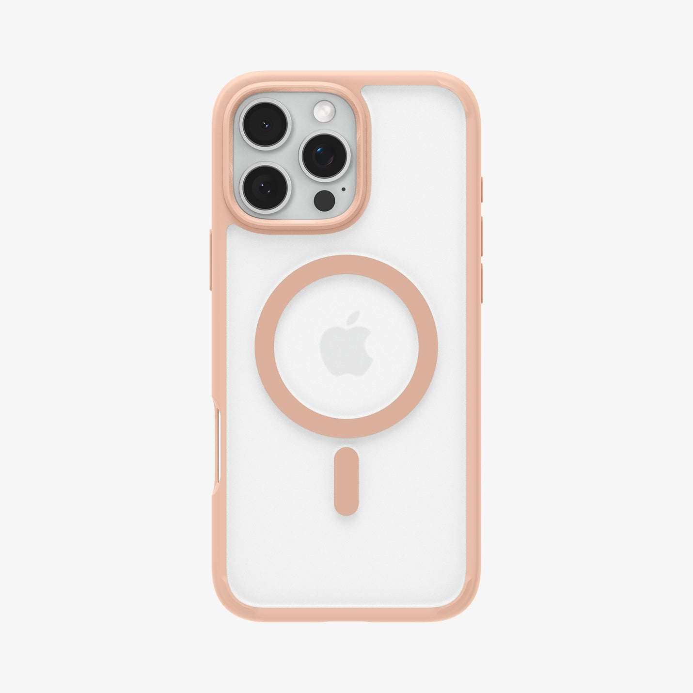 iPhone hoesje. Transparant met een roze rand en een roze cirkel voor de MagSafe oplader.