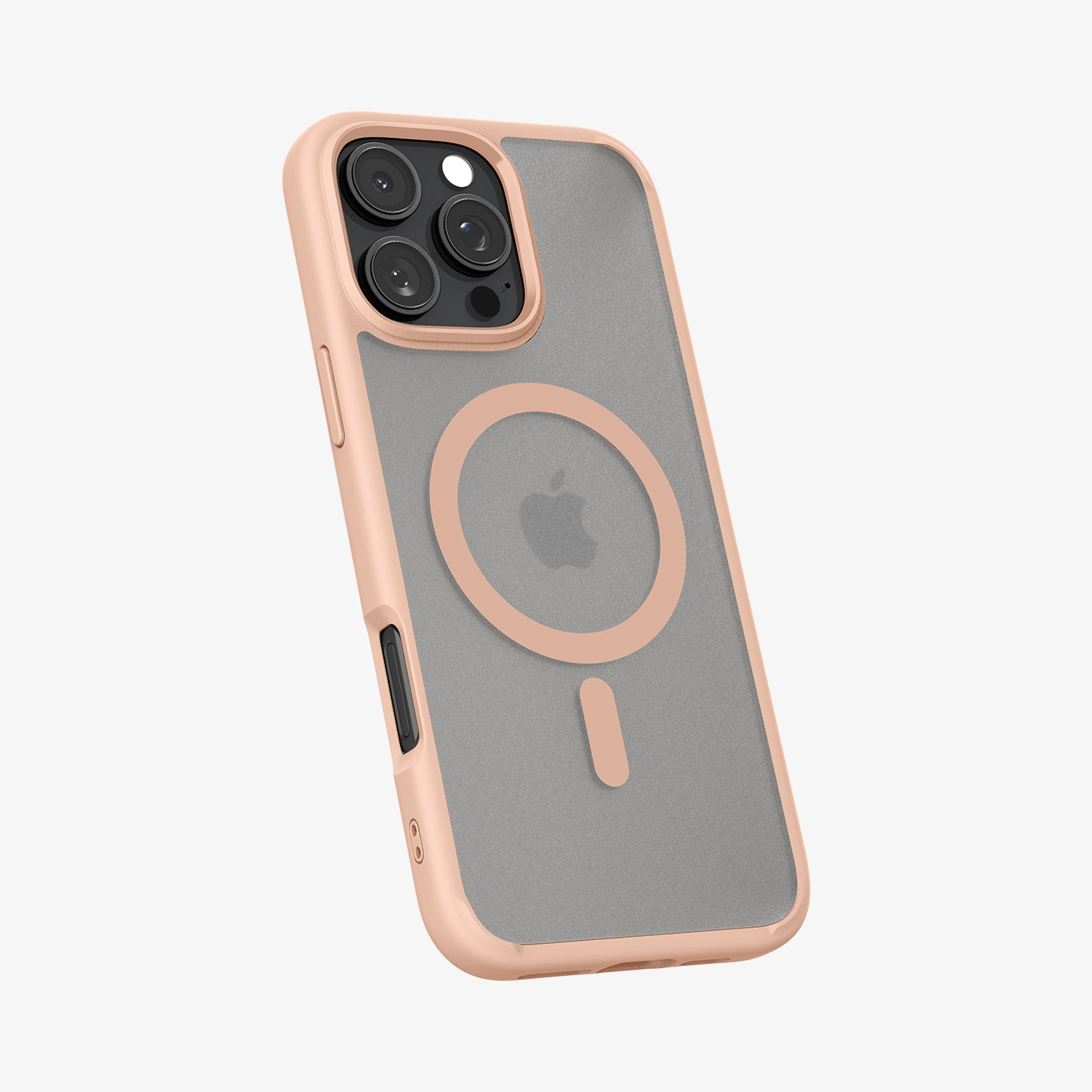 Roségouden iPhone-hoesje met zwarte accenten. Voorzien van Apple-logo en camera-array. Schuine weergave.