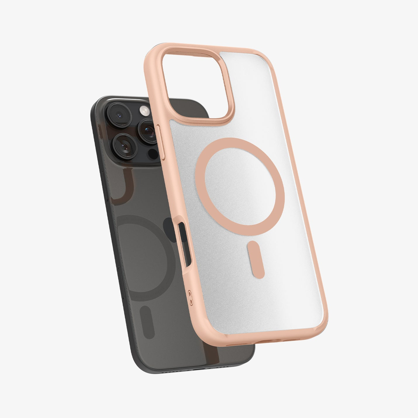 Een transparante telefoonhoes met een roze rand. Een zwarte telefoon is zichtbaar in de hoes. Witte achtergrond.