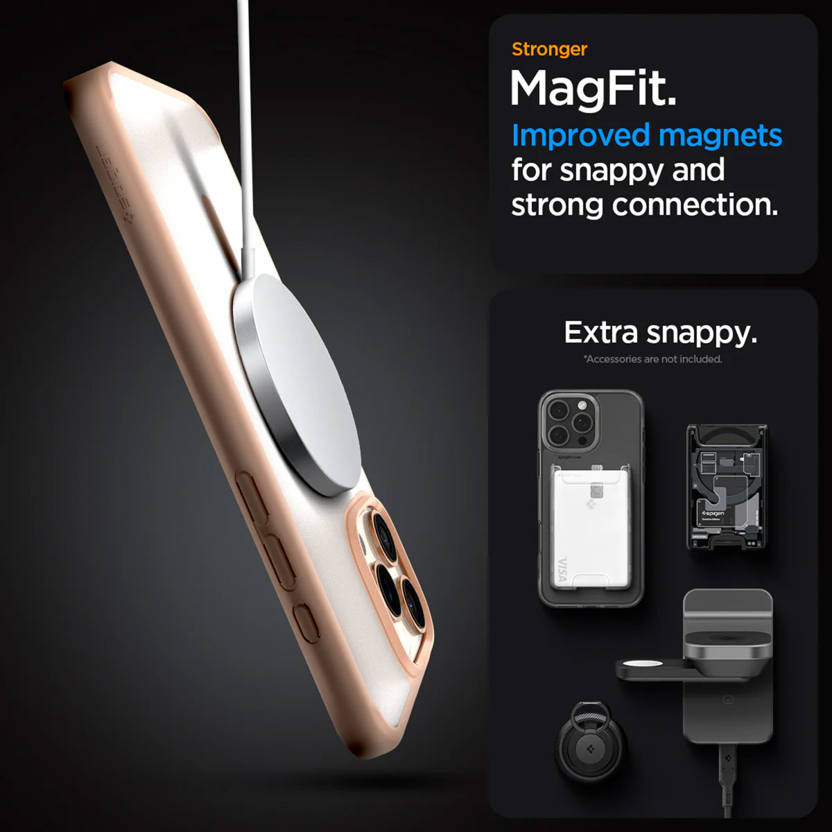 Etui na iPhone z telefonem podłączonym do ładowarki MagSafe. Przezroczyste i różowe etui.