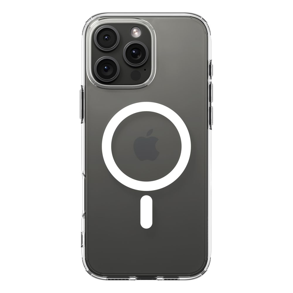 Transparente Handyhülle mit drei Kameralinsen und einem weißen MagSafe-Kreis.
