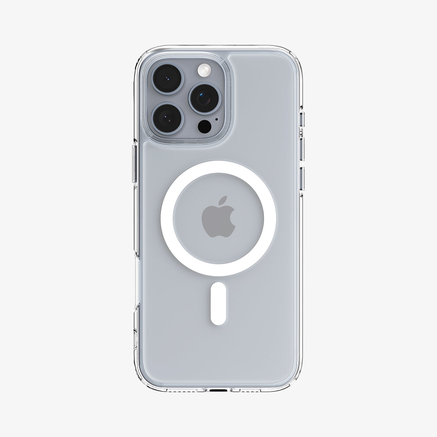 Transparante telefoonhoes met drie cameralenzen en een witte MagSafe-cirkel.