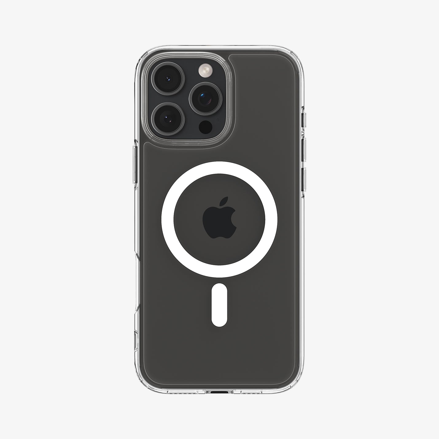 Transparante telefoonhoes met drie cameralenzen en een witte MagSafe-cirkel.